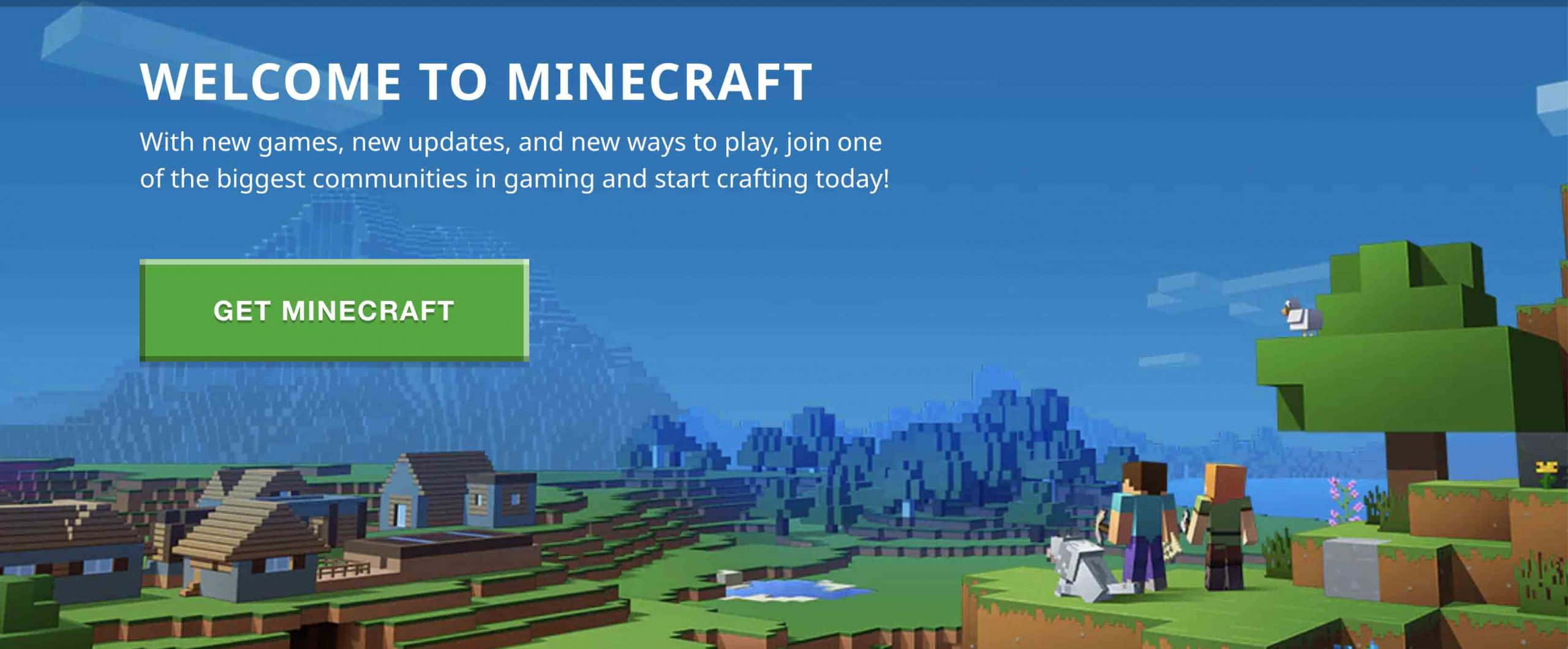 Minecraft Server 桌布 壁紙 — 兩個方塊狀的Minecraft角色站在草地上，俯瞰著晴朗藍天下的一個像素化村莊。