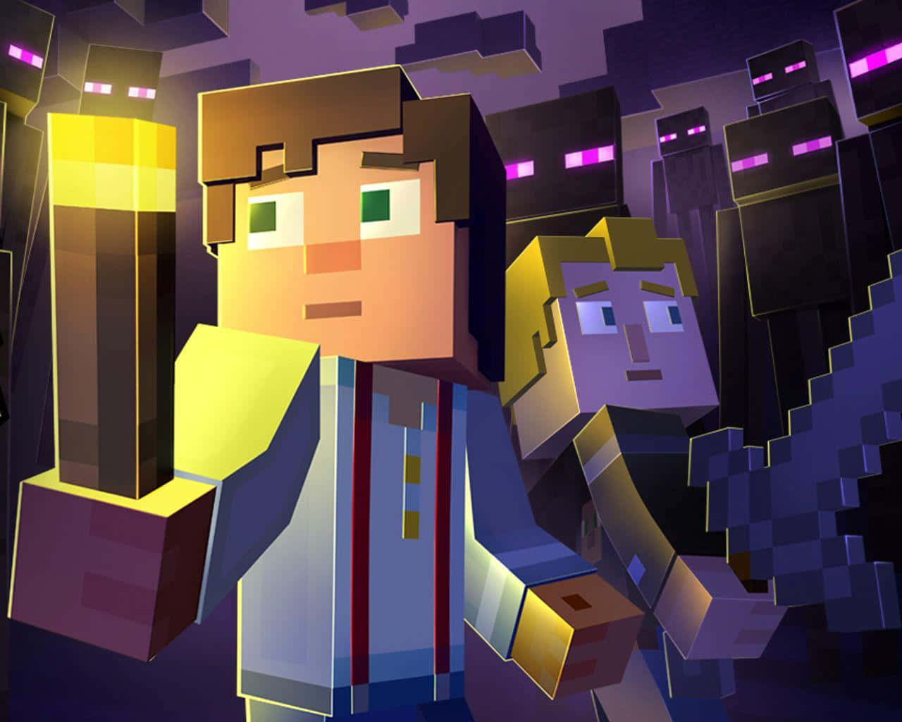 Minecraft Story Mode 桌布 壁紙 — 兩個方塊狀的Minecraft角色手持火炬，在黑暗的像素洞穴中面對發著紫色眼睛的爬行者。