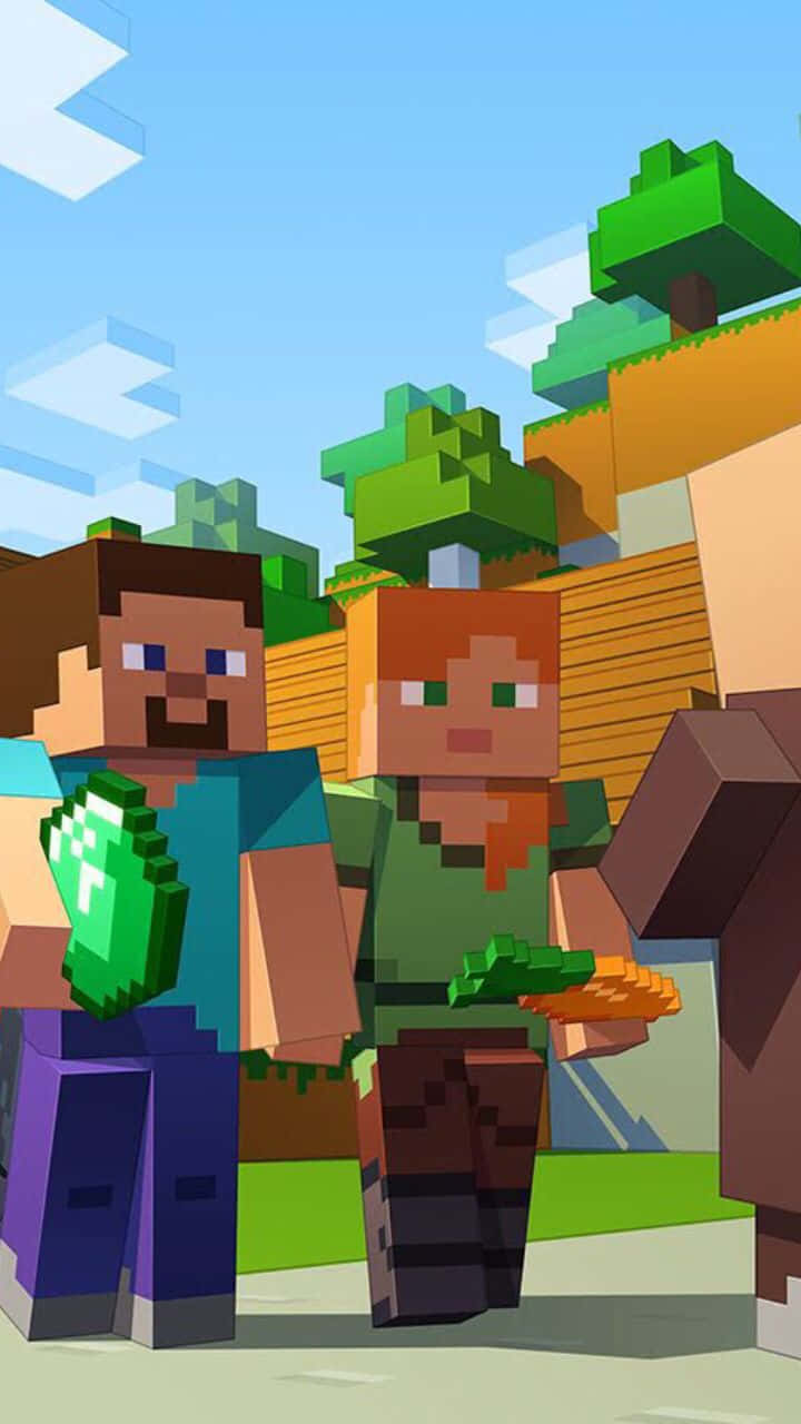 Minecraft Alex 桌布 壁紙 — 兩個方塊狀的Minecraft角色站在陽光明媚的像素化森林中，在藍天白雲下手持綠色物品。