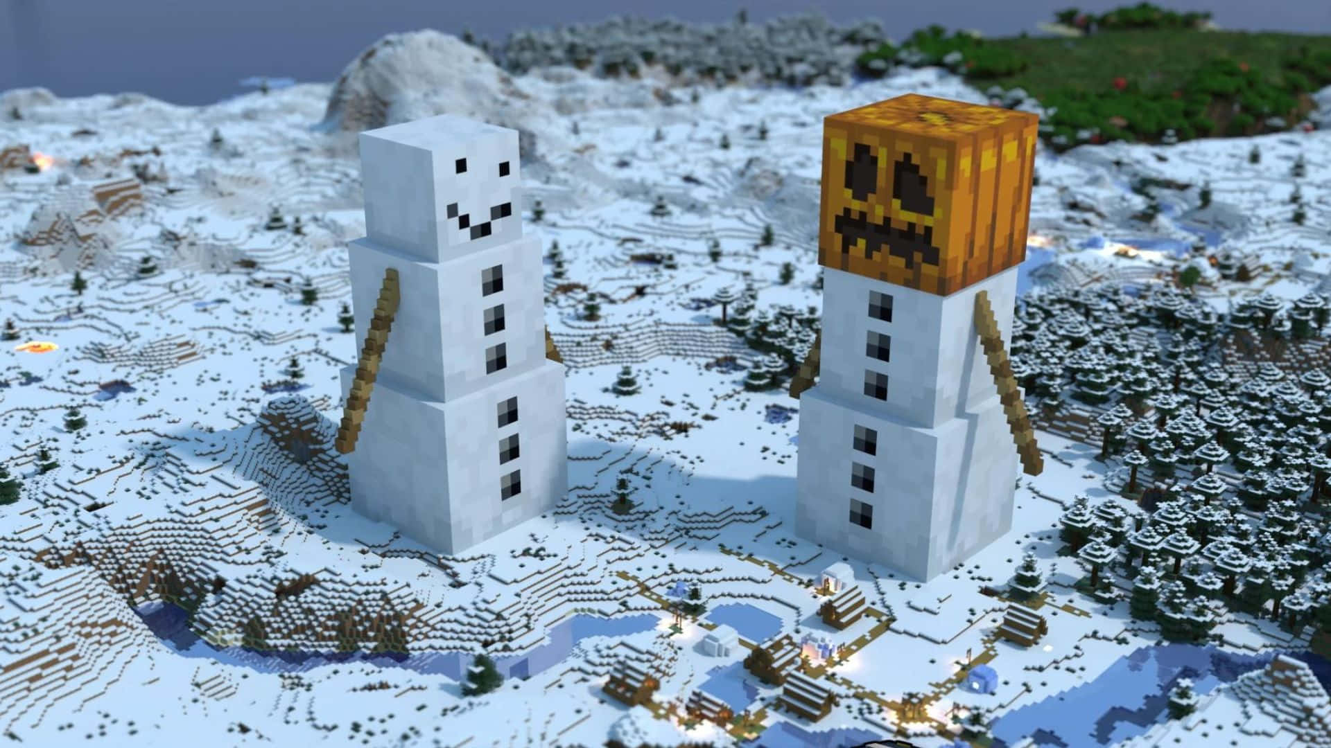 Minecraft Snow Golem 桌布 壁紙 — 兩個方塊雪人站在雪地Minecraft景觀中，一個有南瓜頭，另一個有笑臉。