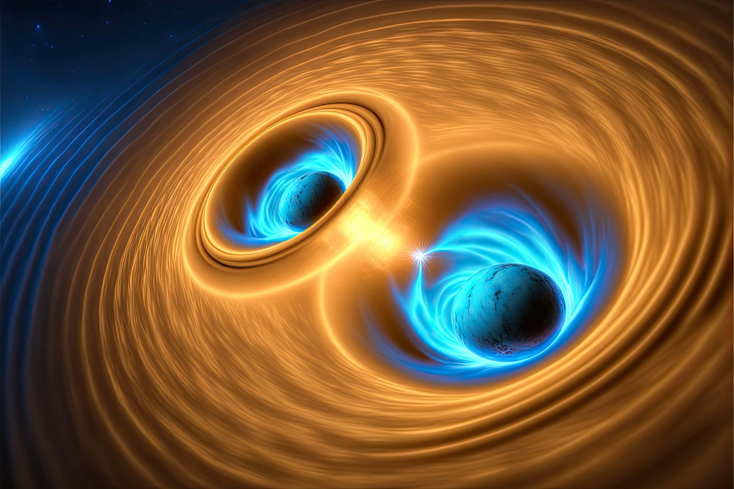 Gravitational Waves 桌布 壁紙 — 兩個旋轉的黑洞在宇宙舞蹈中碰撞，發出燦爛的藍色和金色光芒，映襯著繁星點點的虛空。