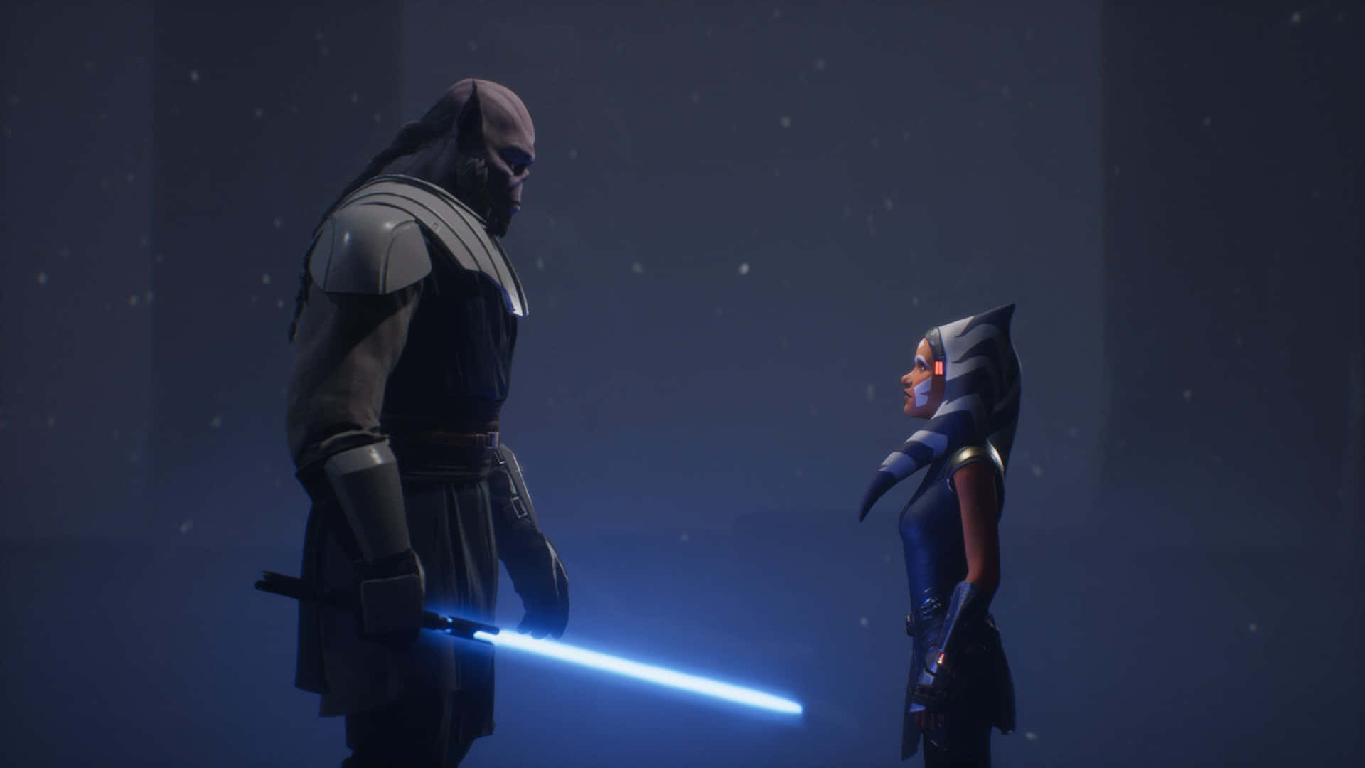 Jedi Knight 桌布 壁紙 — 兩個星戰角色在昏暗霧氣瀰漫的房間中對峙，其中一人揮舞著發光的藍色光劍。