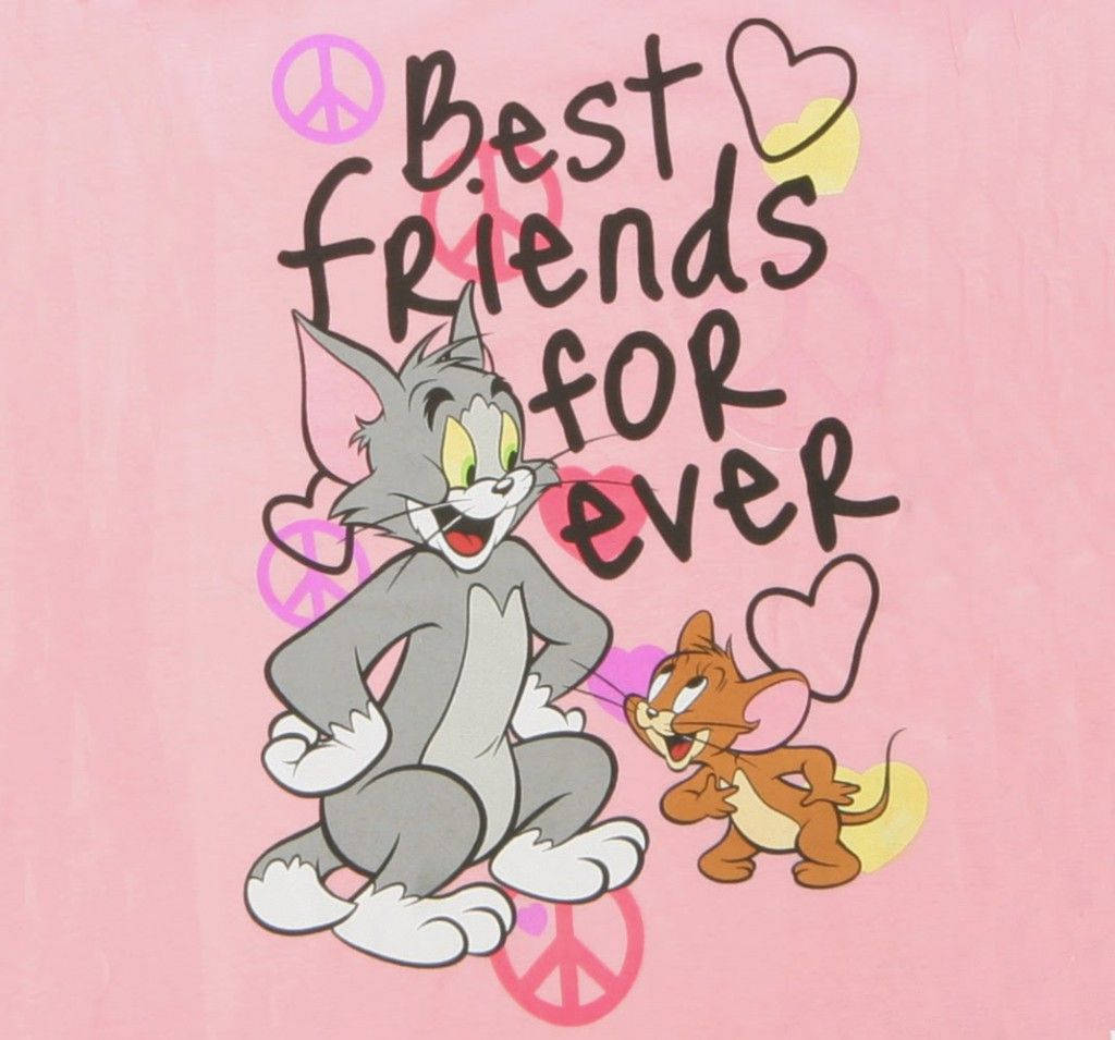 湯姆和傑瑞微笑著，圍繞「Best Friends for Ever」文字擺出和平手勢和心形。
