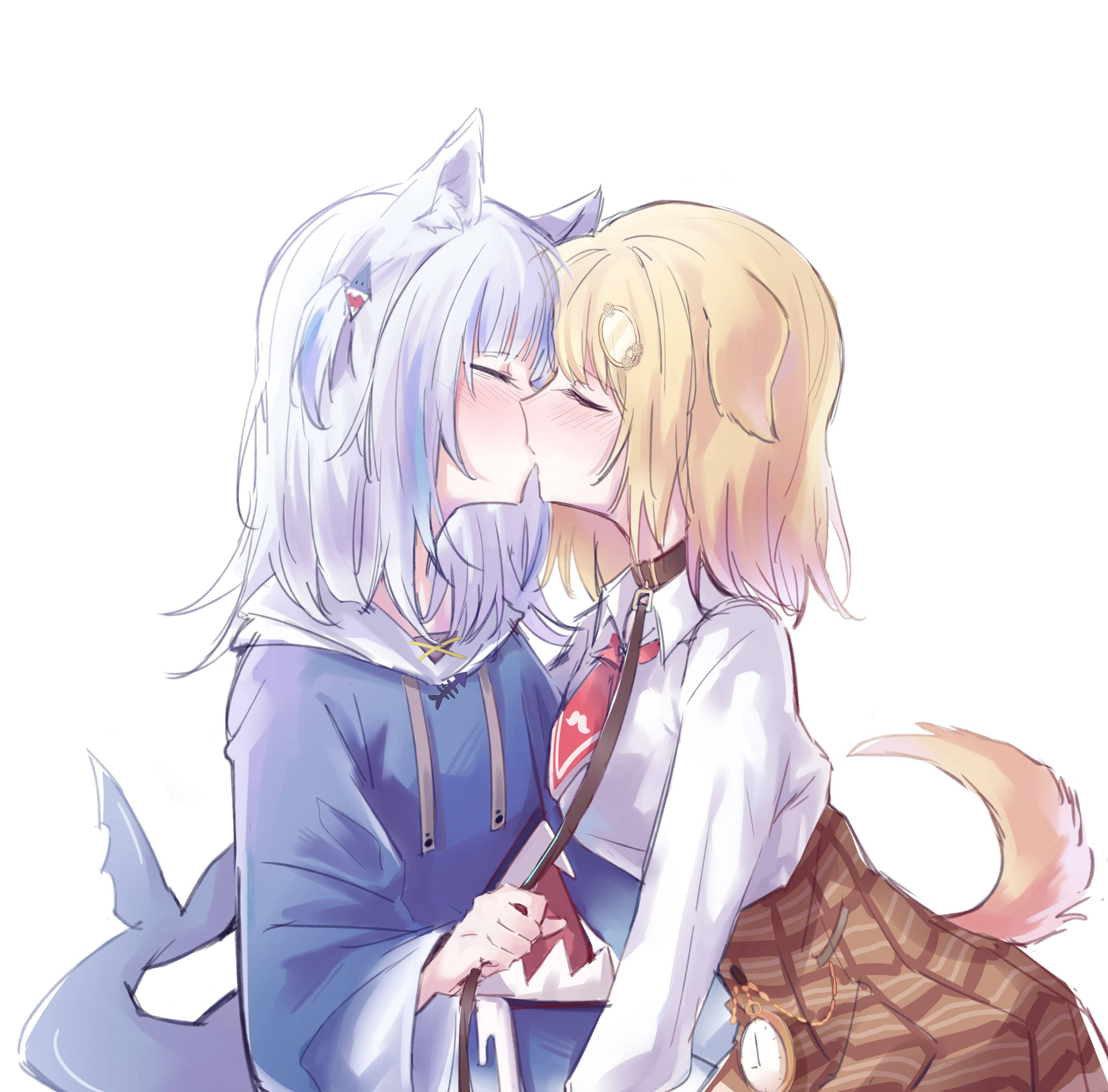 AmeSame Girls Kissing Art 壁紙 — 兩個有動物耳朵和尾巴的動漫女孩在純白背景上溫柔接吻。