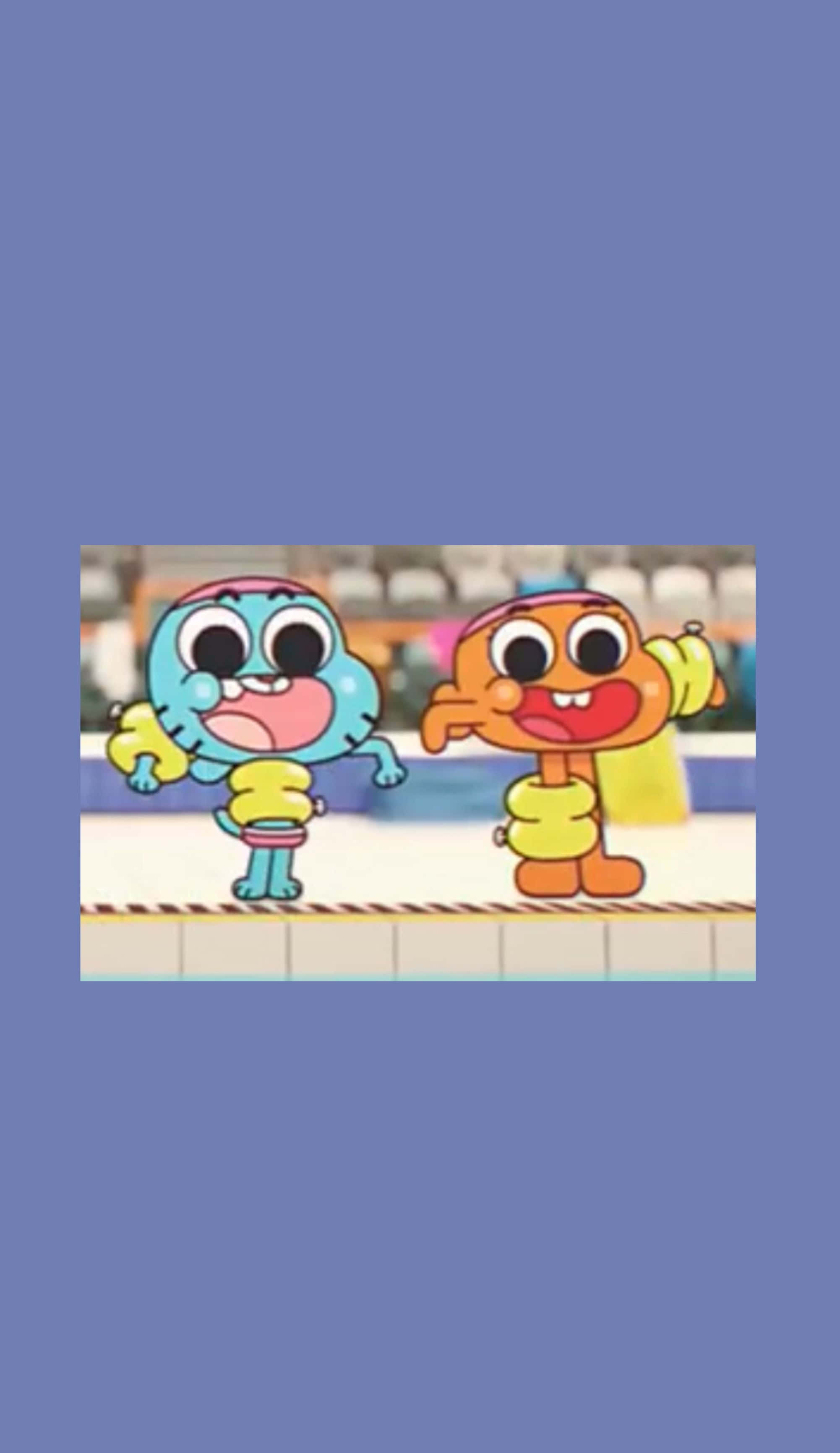 Gumball And Darwin 桌布 壁紙 — 兩個有大眼睛和黃色手套的卡通角色站在瓷磚平台上，背景模糊。