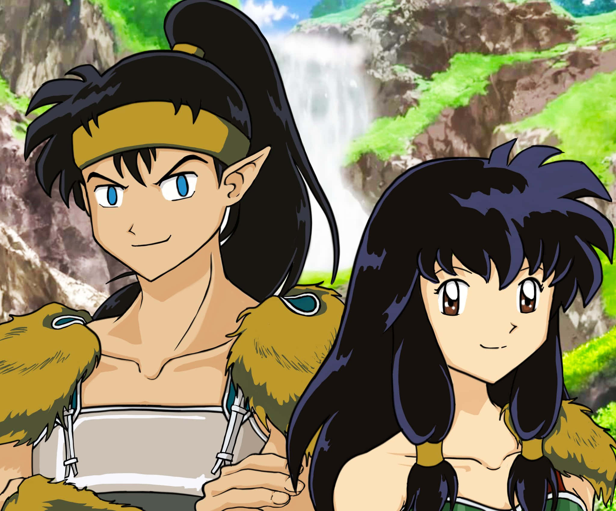 Inuyasha Koga 桌布 壁紙 — 兩個有尖耳朵的動漫角色站在翠綠懸崖瀑布前。