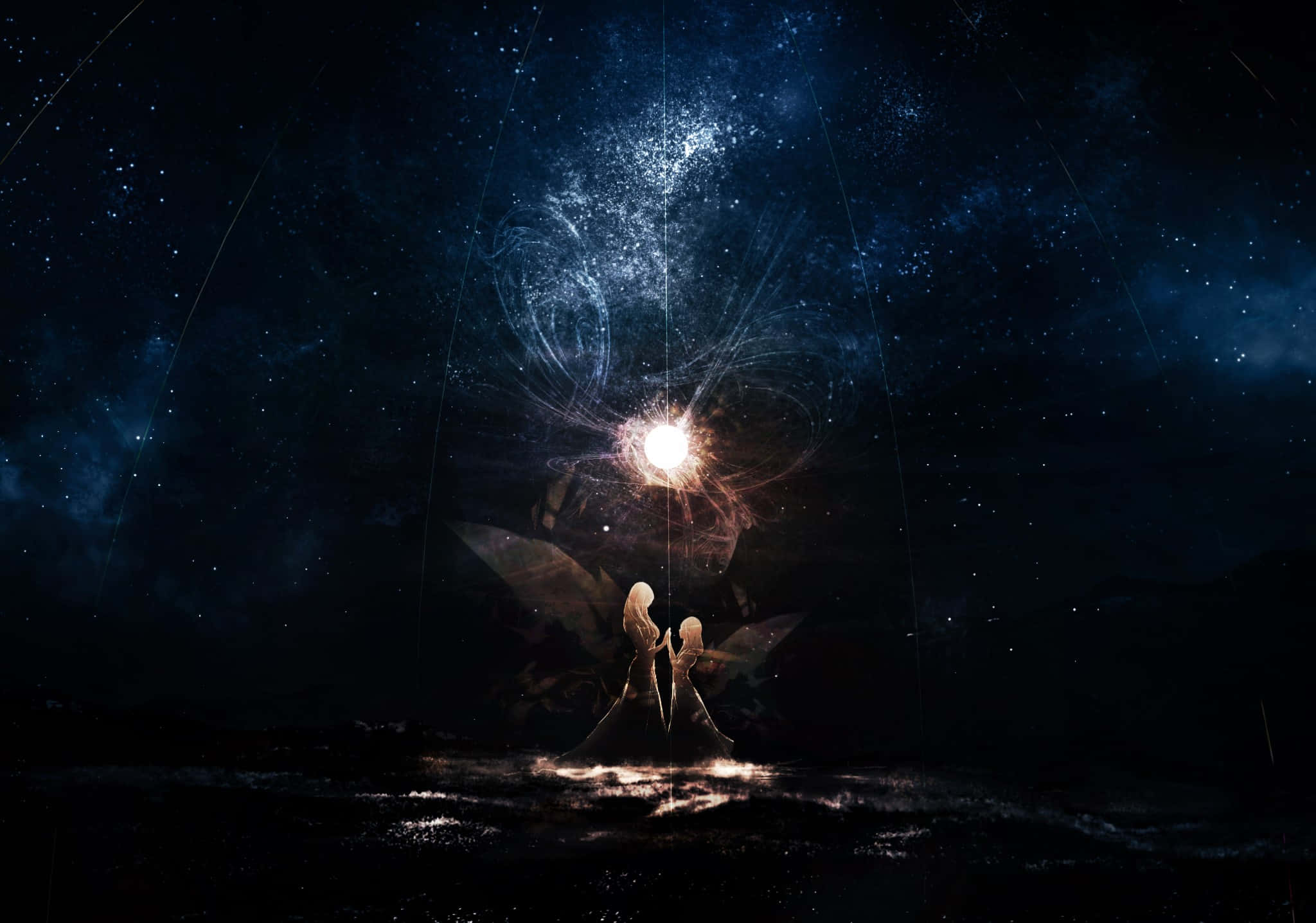 Dark Magic 桌布 壁紙 — 兩個有翼的人物站在黑暗景觀上方的星空夜空中的宇宙爆炸前。