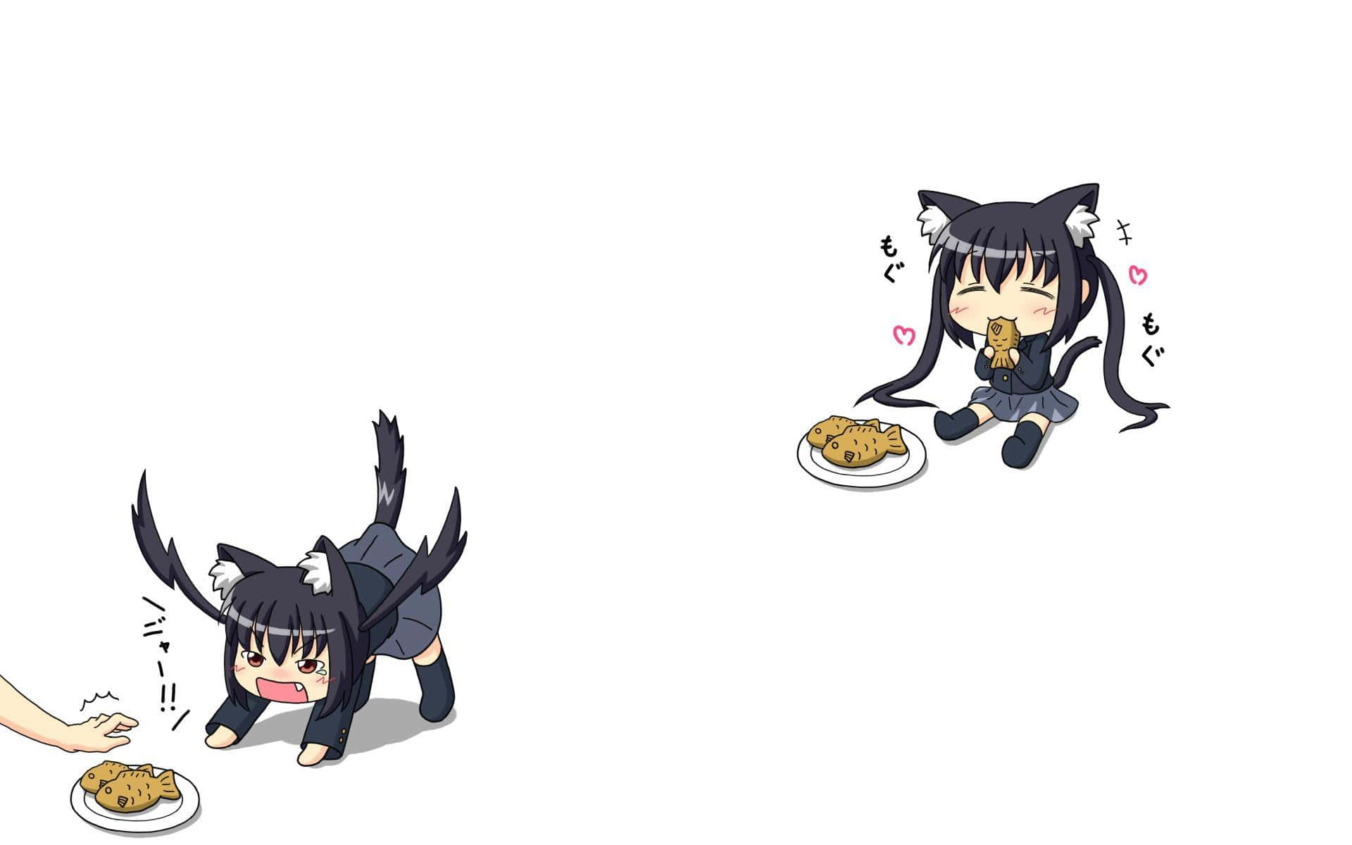 neko 桌布 壁紙 — 兩個有貓耳和貓尾的Q版動漫女孩對炸魚做出反應，一個興奮地撲向它，另一個開心地吃著。