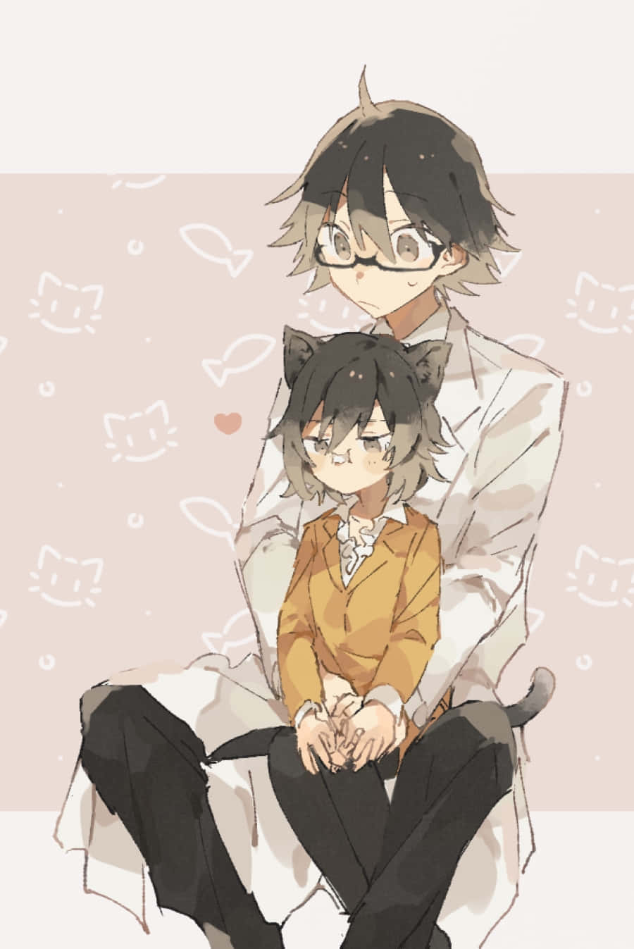 Shinra Kishitani 桌布 壁紙 — 兩個有貓耳嘅動漫角色喺有漂浮貓同魚塗鴉嘅粉彩背景前緊貼一齊坐。