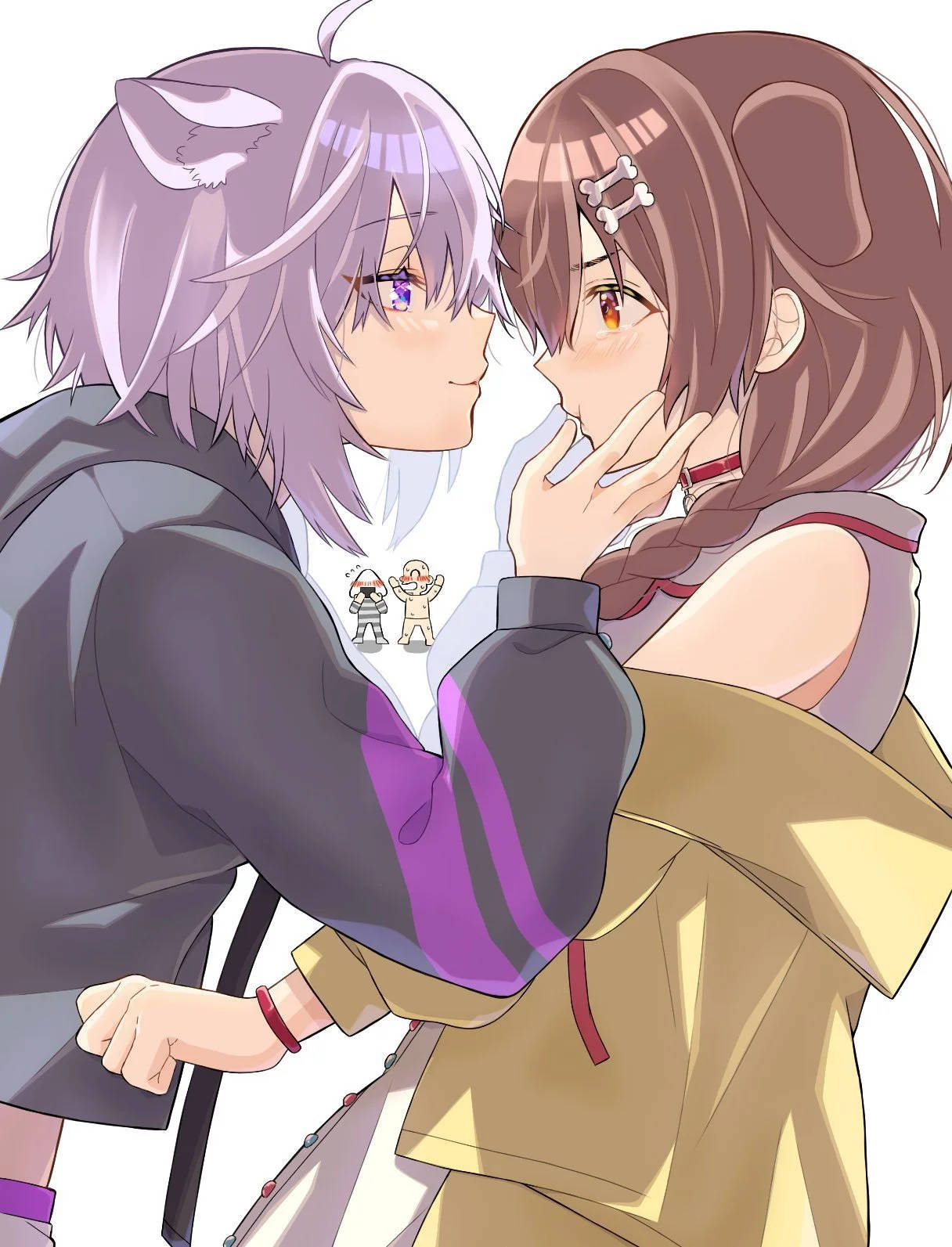 Korone And Okayu Girls Kissing 壁紙 — 兩個有貓耳嘅動漫角色喺純白背景前傾身進行溫柔嘅親吻。