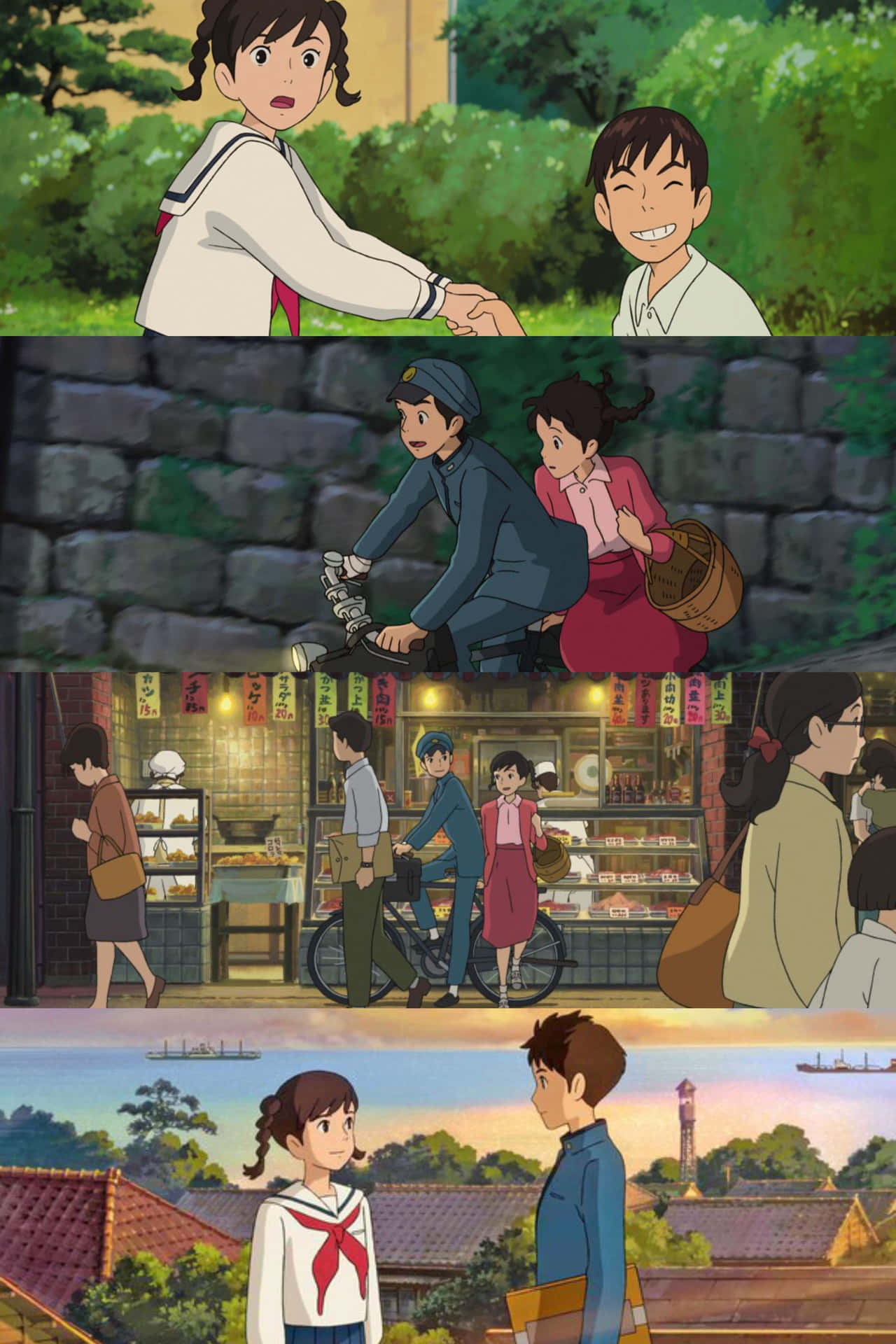 女孩和男孩在日本小鎮的動漫場景，有單車和商店。