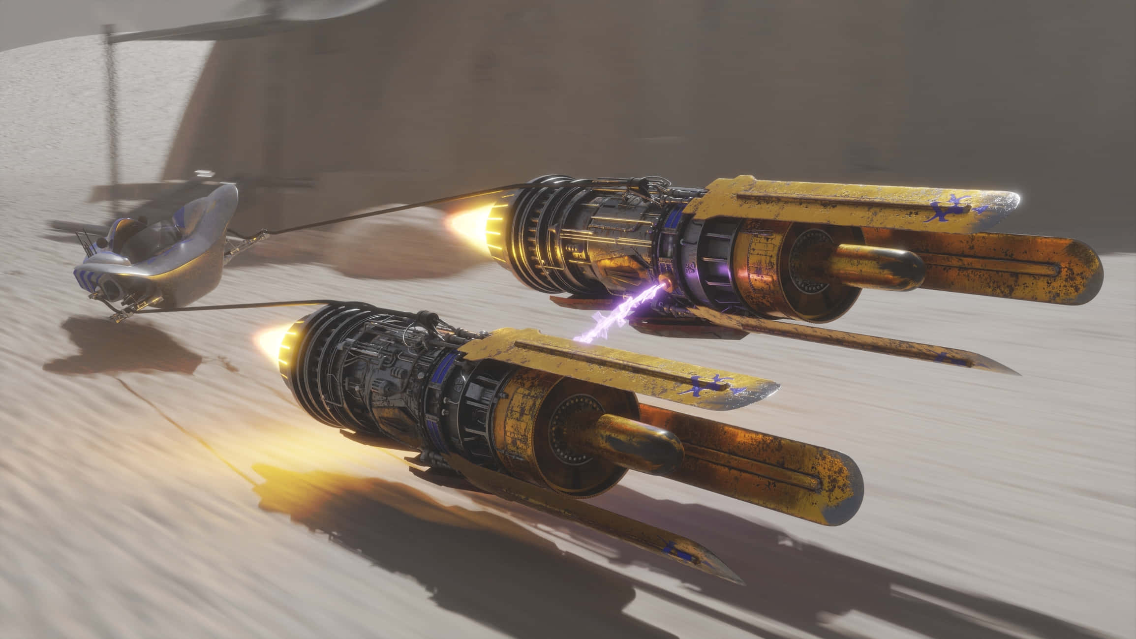 Podracing 桌布 壁紙 — 兩個未來風格的黃色和黑色噴氣背包，帶有發光引擎，懸浮在塵土飛揚的沙漠景觀之上。