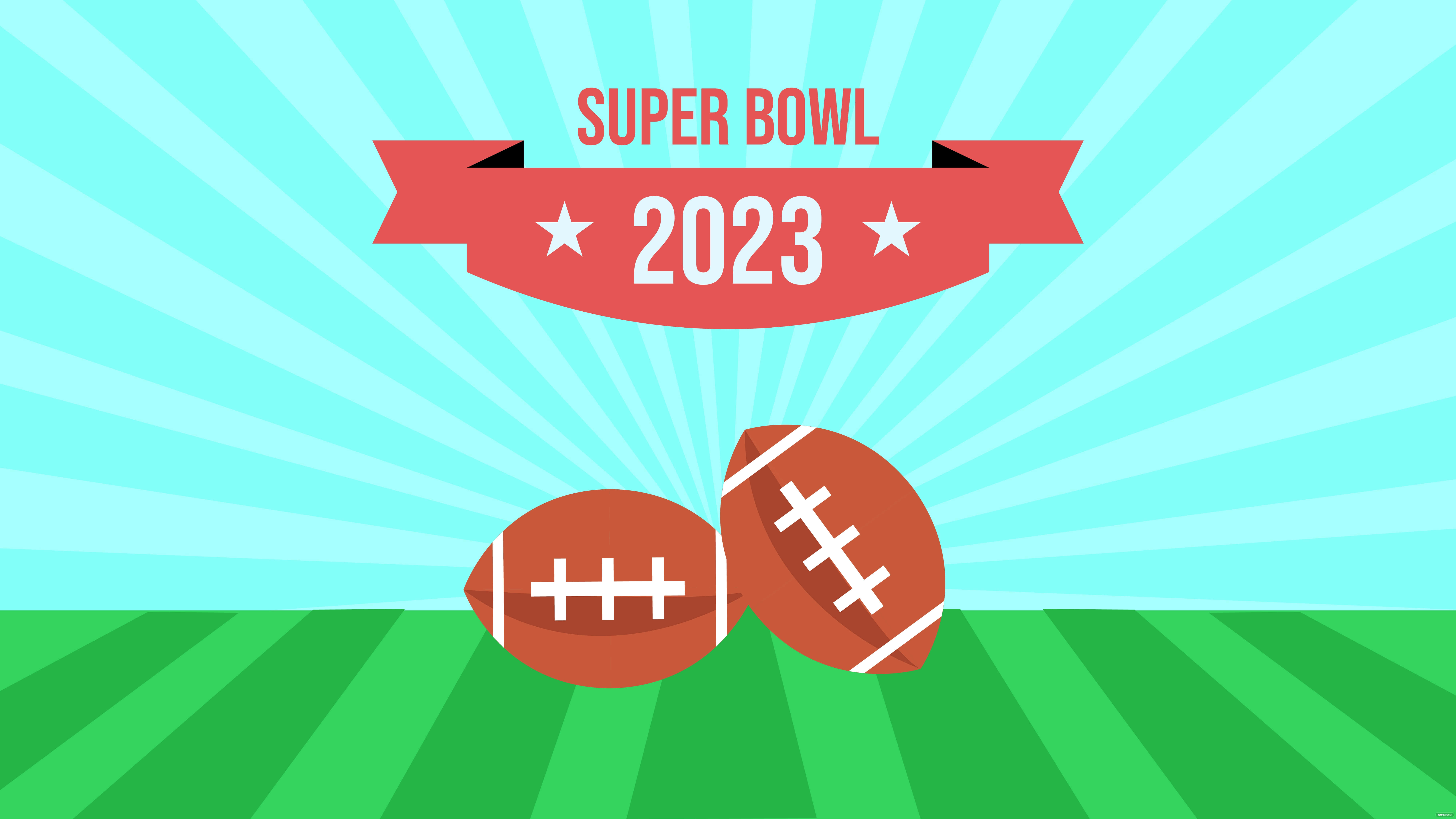Super Bowl 桌布 壁紙 — 兩個棕色美式足球放在綠色場地上，上方有明亮的藍色太陽光芒和一個紅色橫幅，上面寫著 Super Bowl 2023。