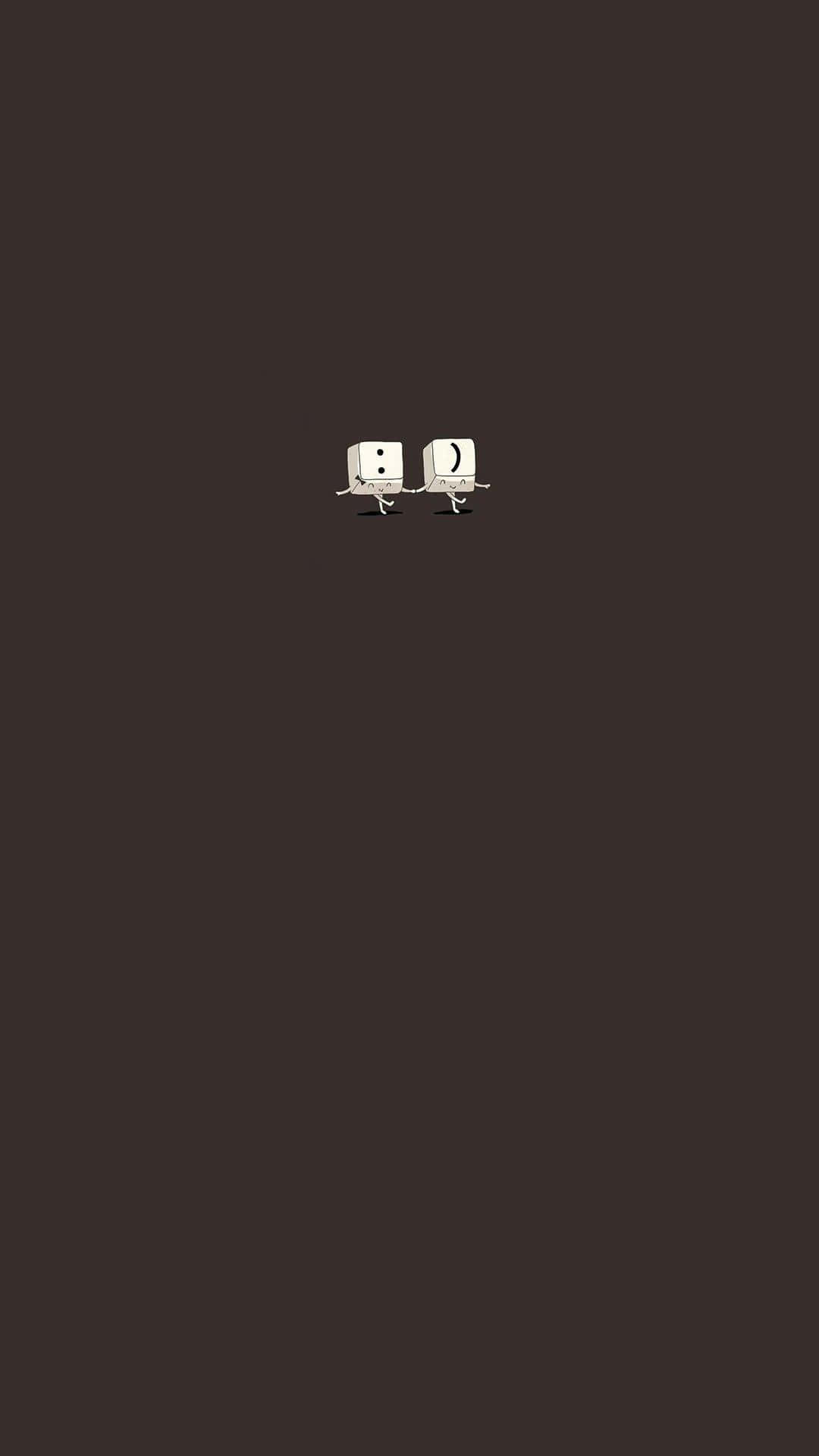 Minimalist Phone 桌布 壁紙 — 兩個極簡白色骰子，帶有臉部和四肢，並排站在純深棕色背景上。