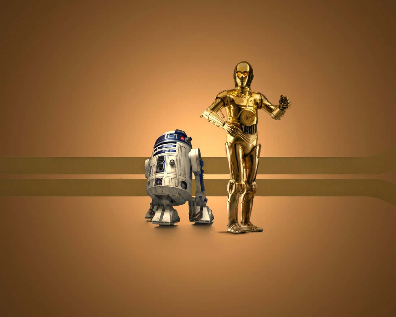 C-3po 桌布 壁紙 — 兩個標誌性的星戰機械人R2-D2和C-3PO並肩站立在溫暖的漸變背景前。