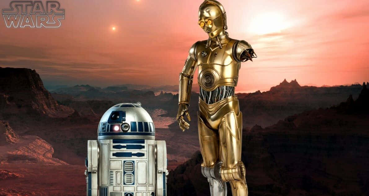 C-3po 桌布 壁紙 — 兩個標誌性的星戰機械人站在沙漠峽谷中，天空燃燒著夕陽。
