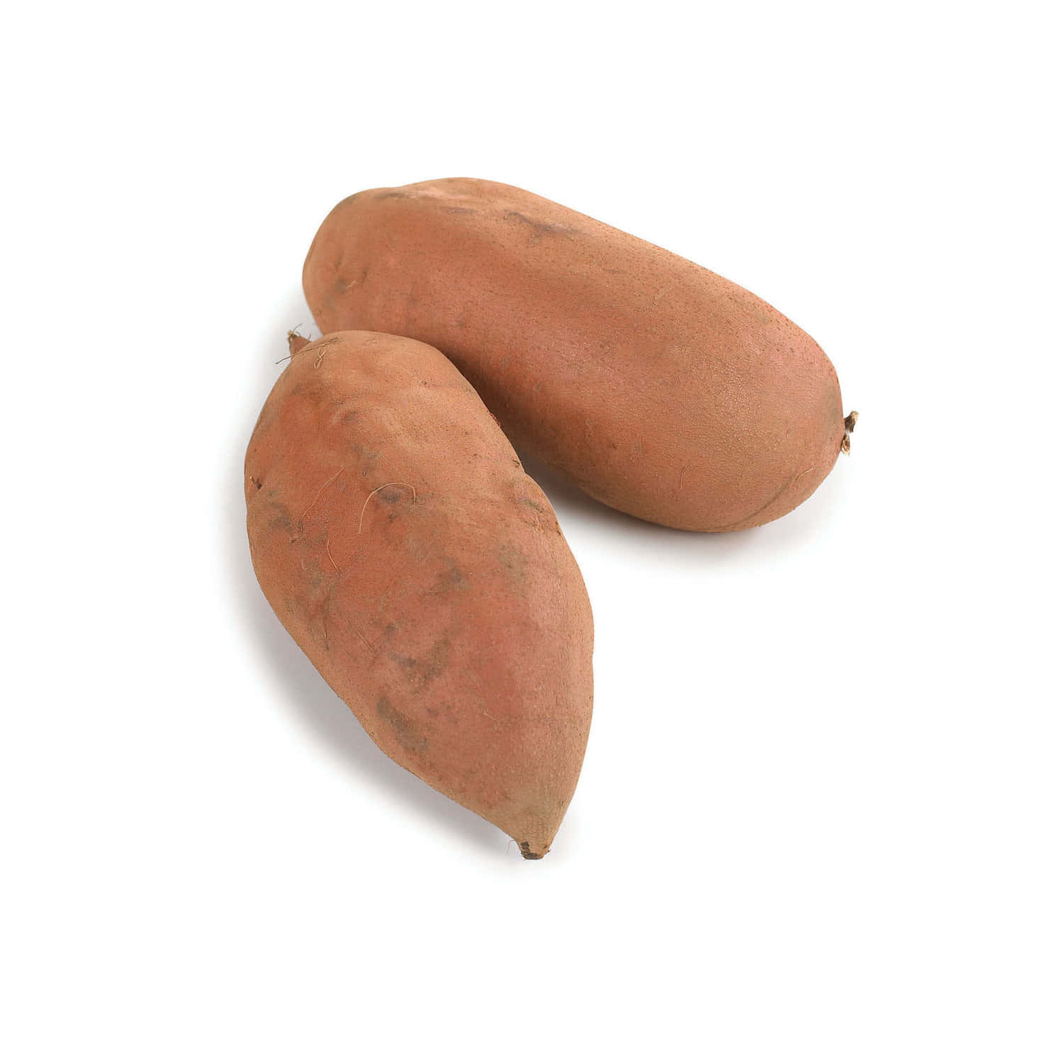 Yellow Sweet Potato 桌布 壁紙 — 兩個樸實的棕色番薯放在潔淨的白色表面上，下方帶有柔和陰影。