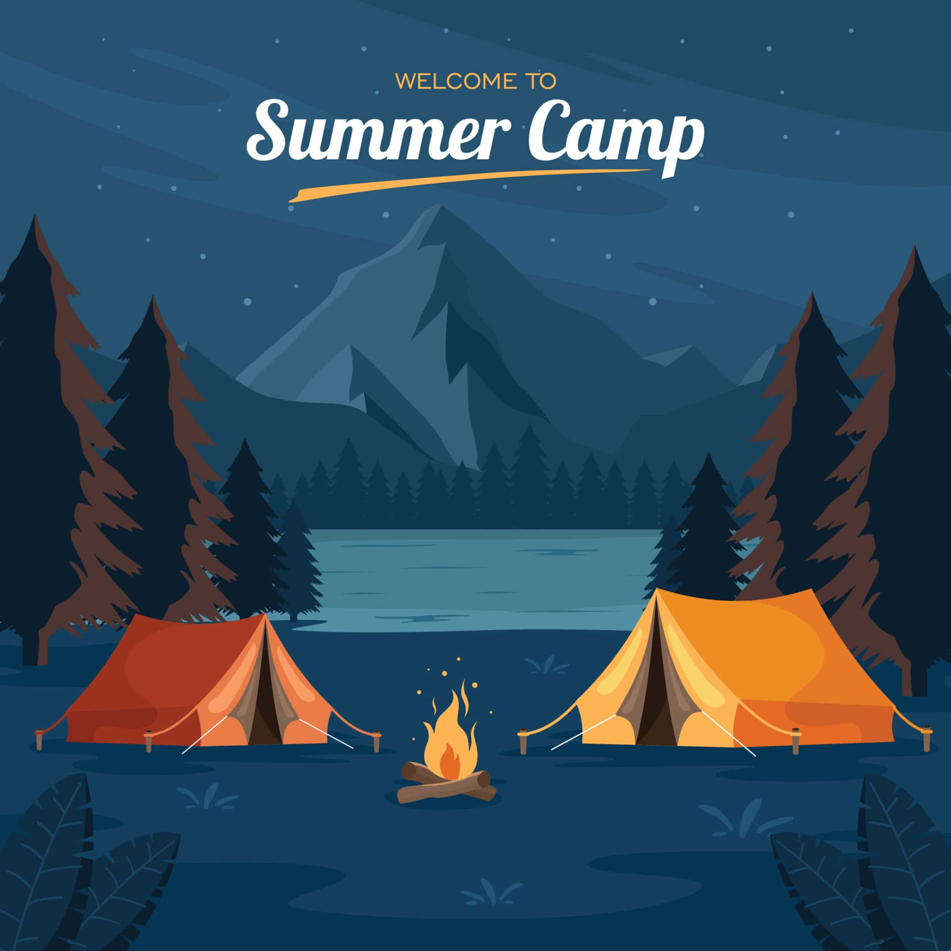 Camp 桌布 壁紙 — 兩個橙色帳篷在星空下的湖邊營火旁發光，背景有山脈和松樹。