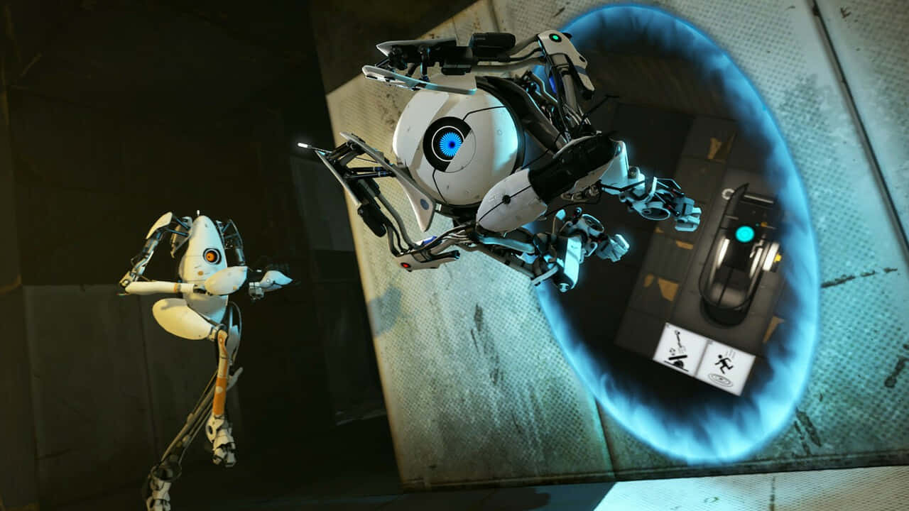 Portal Characters 桌布 壁紙 — 兩個機械人在科幻實驗室中，一個在藍色傳送門中懸浮，另一個站在附近。