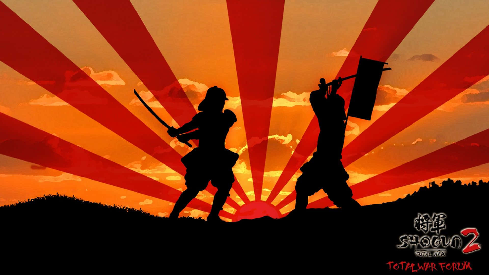 Shogun 桌布 壁紙 — 兩個武士剪影在山上對峙，背景是燦爛的紅橙色太陽爆發天空。
