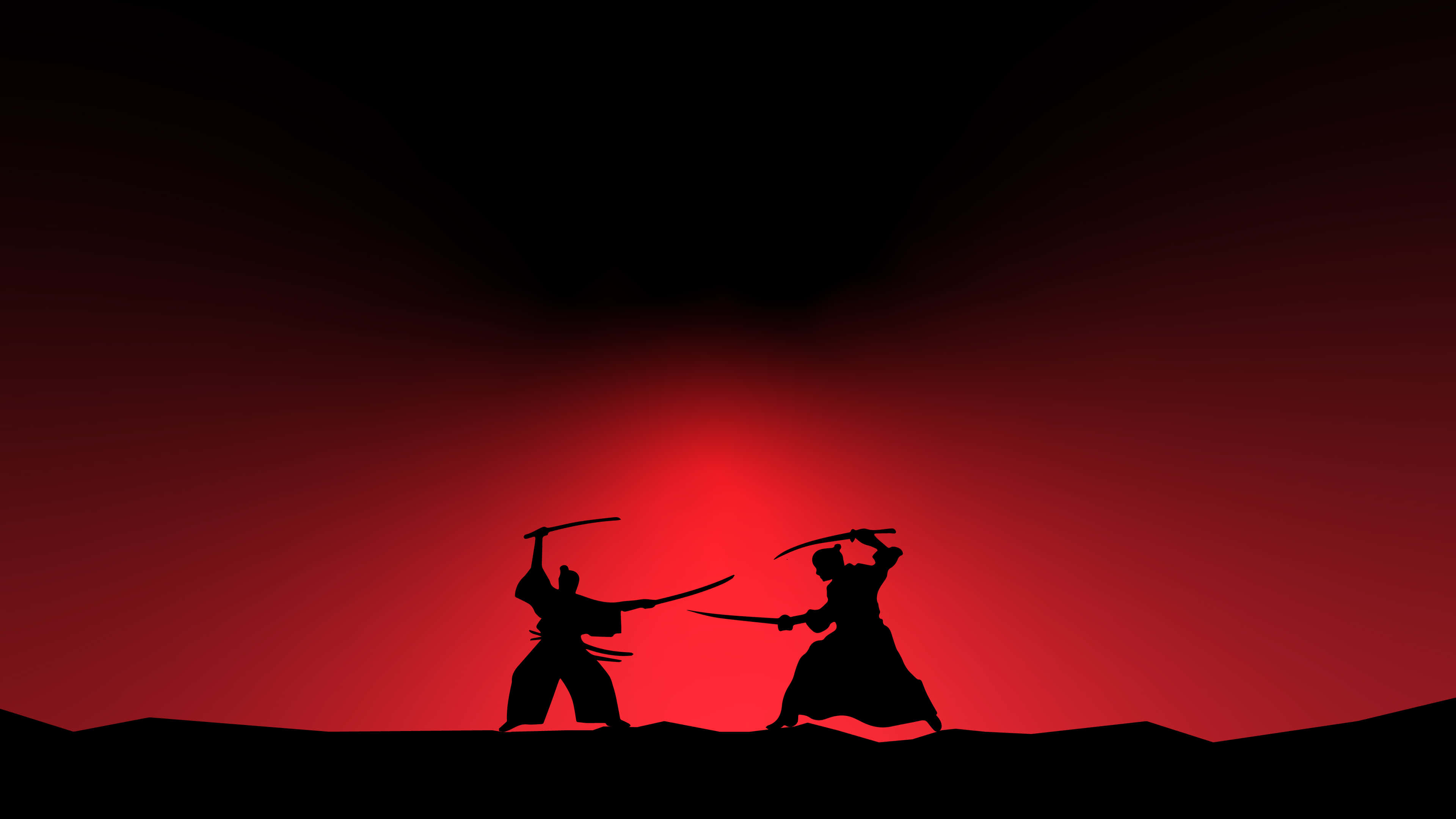 Samurai Movies 桌布 壁紙 — 兩個武士剪影在燦爛的紅色漸變天空下交鋒刀劍。