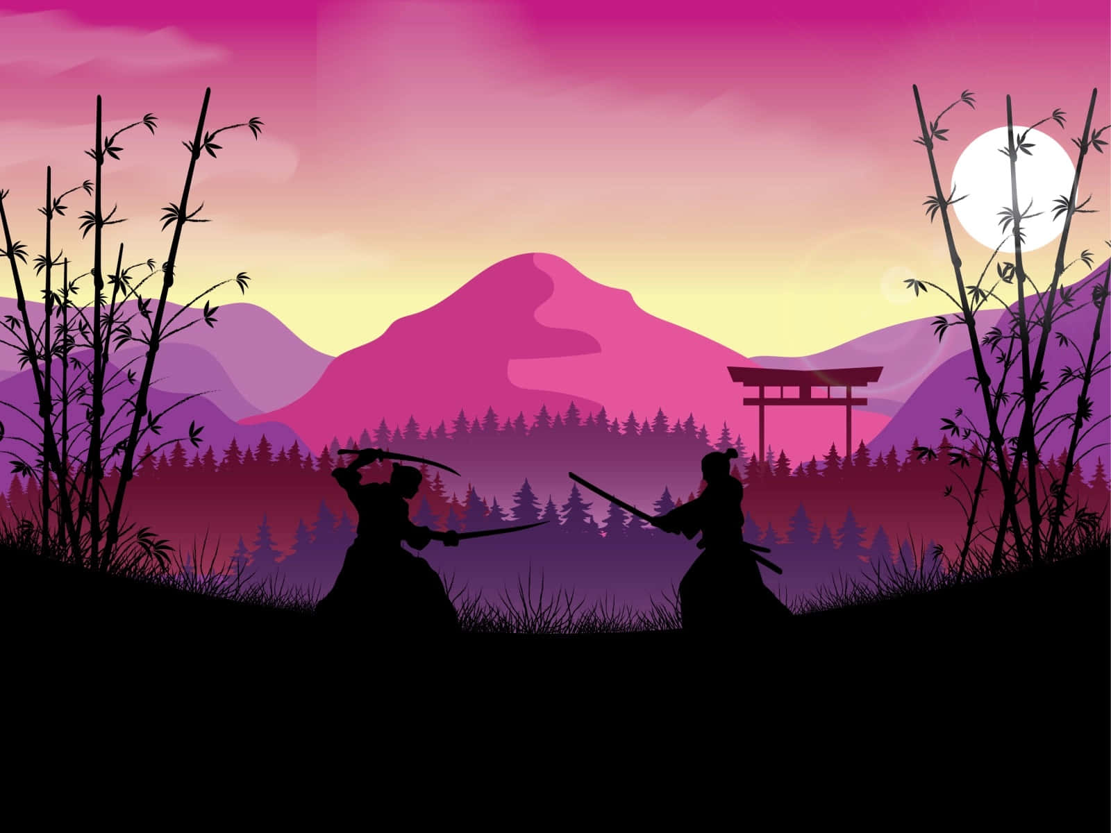 Samurai Landscape 桌布 壁紙 — 兩個武士在剪影中決鬥，背景是充滿活力的粉紫色日落，有山、竹子和鳥居。