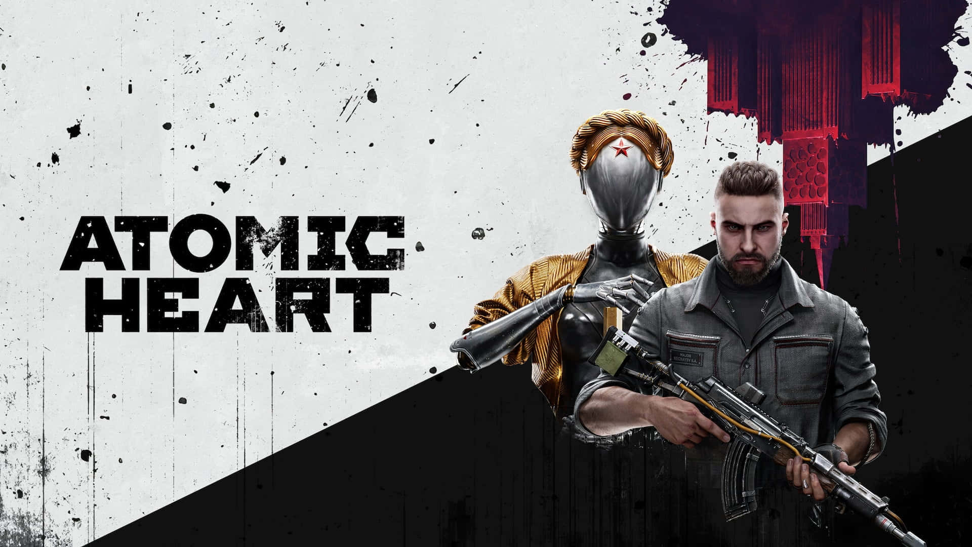 Xbox Games 桌布 壁紙 — 兩個武裝人物，一個人類和一個機械人，站在粗糙的濺污背景上，帶有粗體的原子心文字。