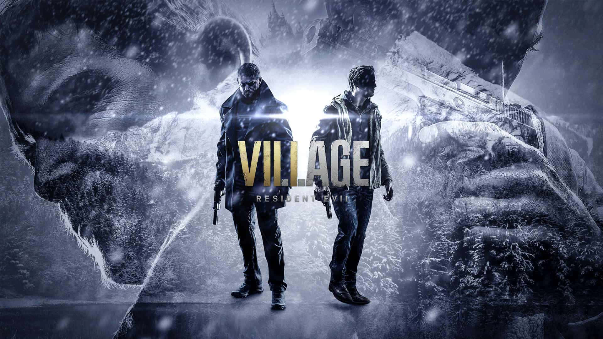 Resident Evil Village 桌布 壁紙 — 兩個武裝男子背光站在一個白雪覆蓋、不祥的村莊中，巨大的怪物面孔在暴風雨的背景中隱現。