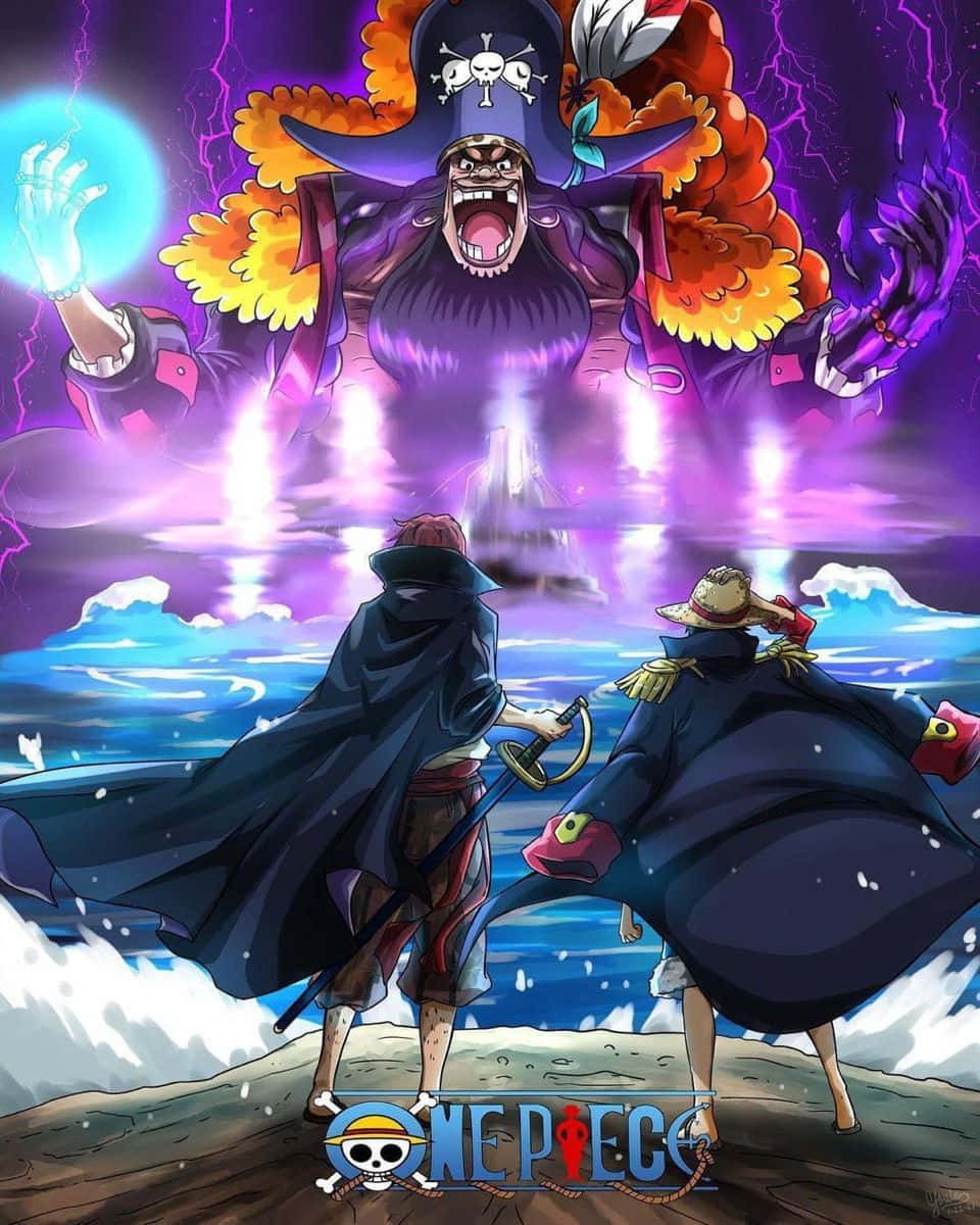 Yonko 桌布 壁紙 — 兩個海盜面對一個巨大的威脅人物，其雙手發光、鬃毛如火，背景是風暴中的紫色天空。