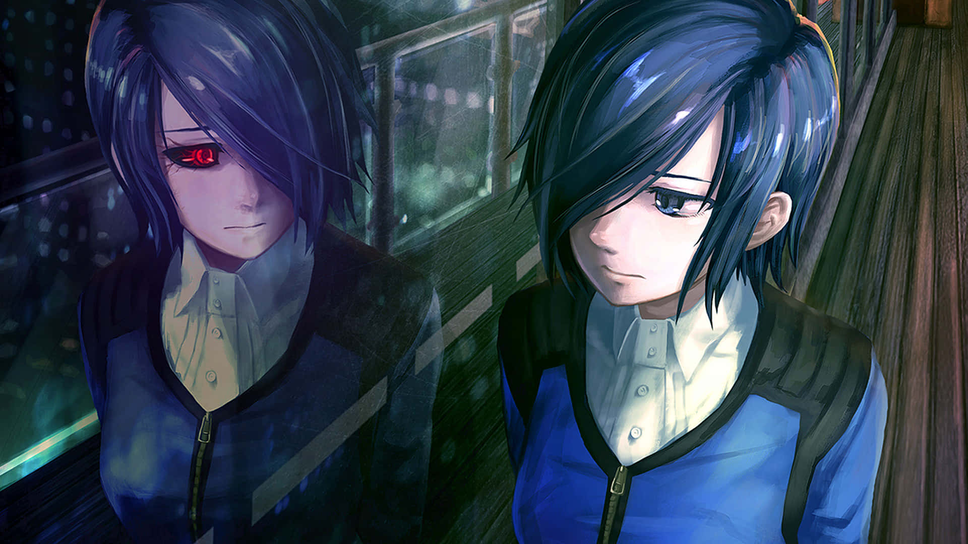Touka Kirishima 桌布 壁紙 — 兩個深色頭髮、表情嚴肅的動漫角色並排坐在燈光昏暗的火車車廂內，身後窗戶上雨水流淌。