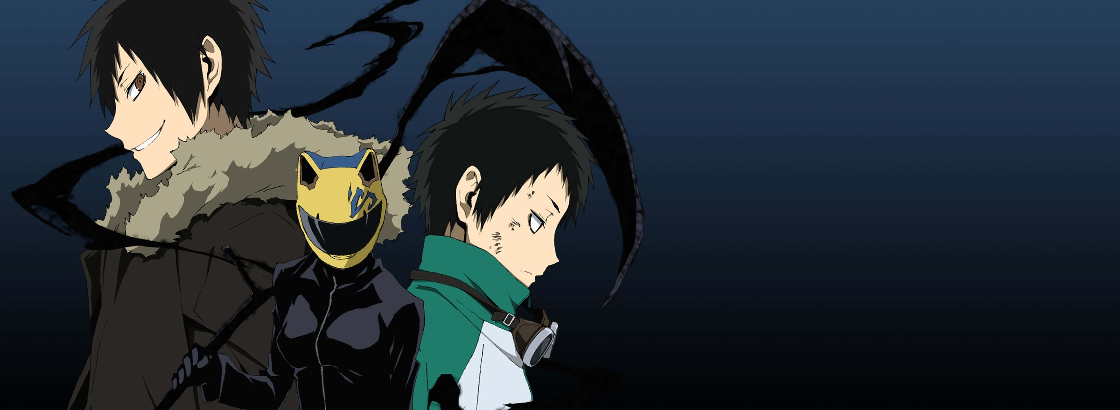 durarara 桌布 壁紙 — 兩個深色頭髮的動漫角色並肩站在深藍色漸變背景前，一個穿著毛領大衣，另一個戴著綠色圍巾。