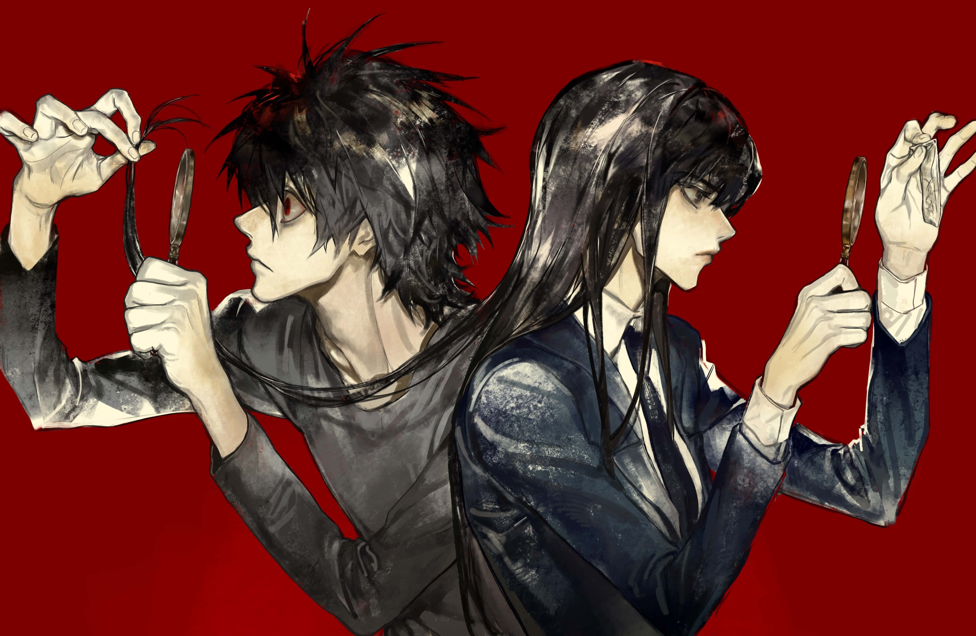Naomi Misora 桌布 壁紙 — 兩個深色頭髮的動漫角色在鮮紅色背景前手持放大鏡。