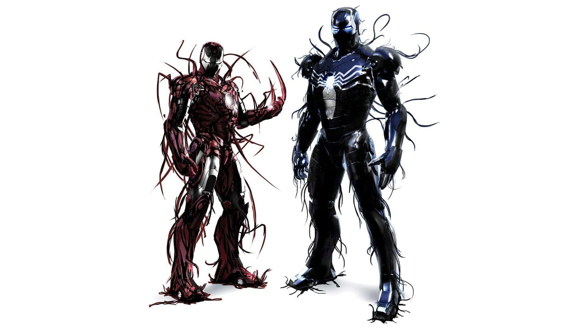 Carnage USA 桌布 壁紙 — 兩個漫畫共生體並排站立，一個紅色一個黑色，兩者都有流動的觸手，背景為白色。