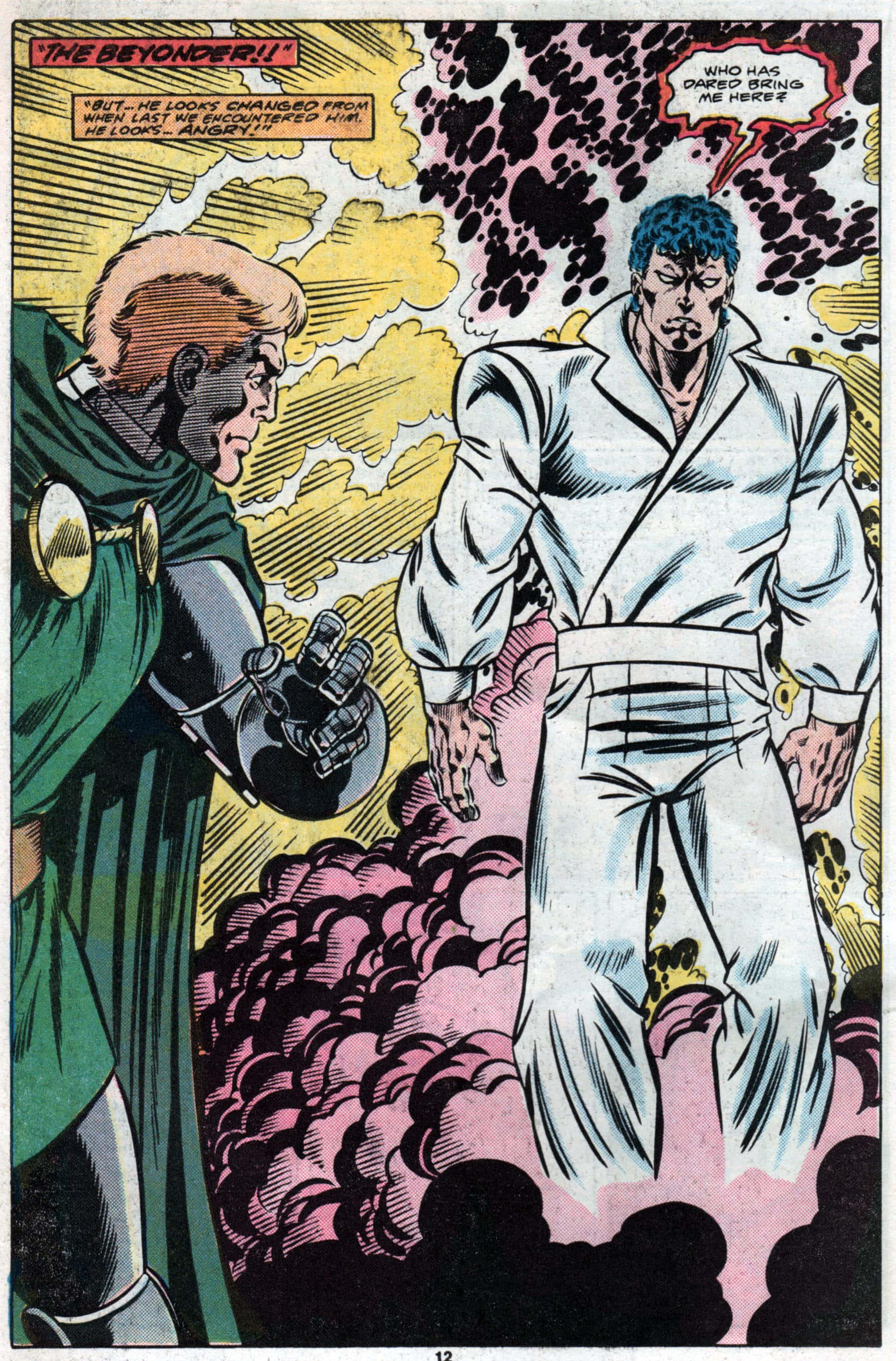 Beyonder 桌布 壁紙 — 兩個漫畫角色在旋轉的粉紅色和黃色宇宙雲中對峙，帶有對話氣泡。