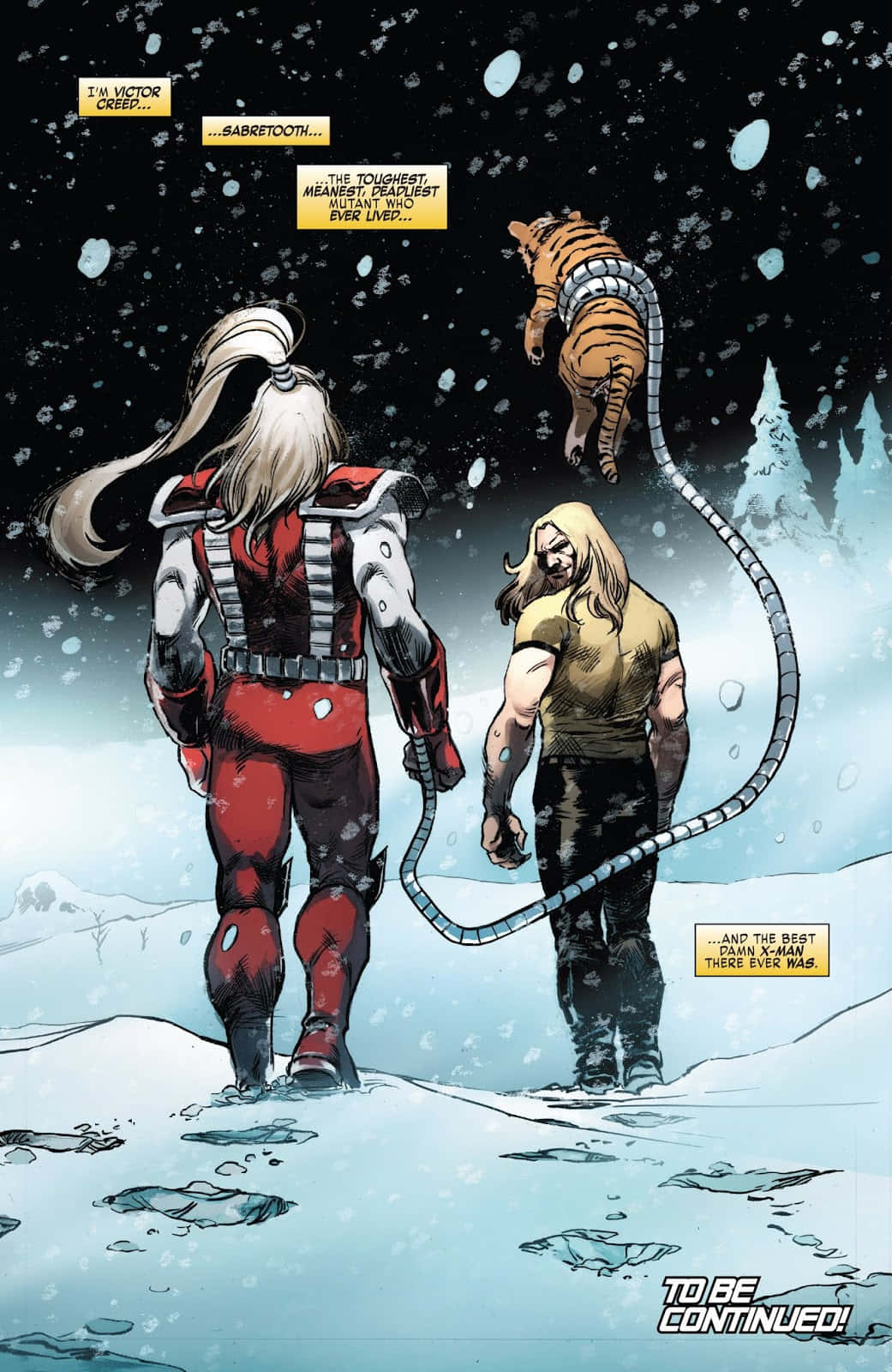 Omega Red 桌布 壁紙 — 兩個漫畫角色在星空下，帶著一隻像老虎的生物用皮帶牽著，走過雪景。