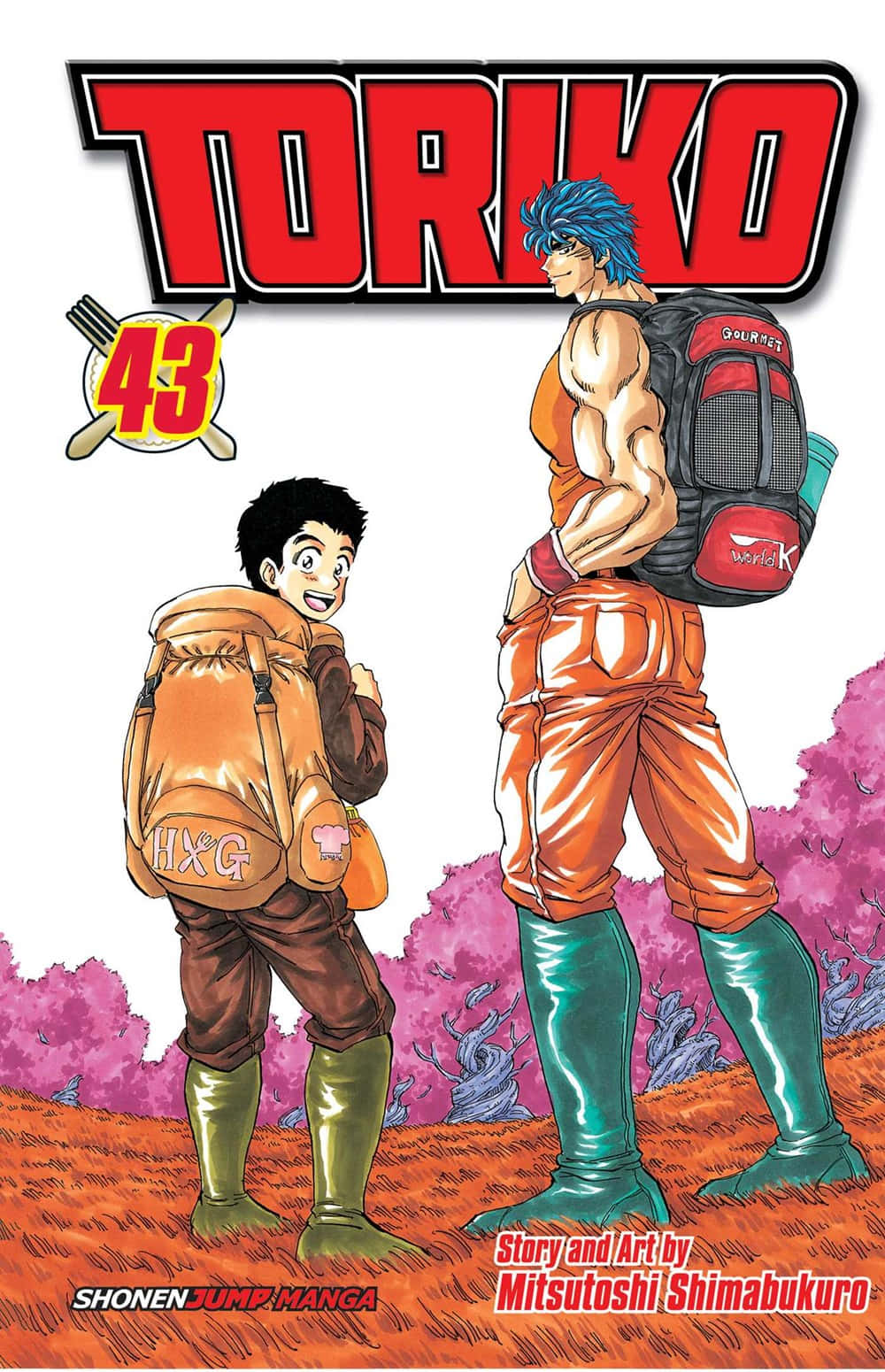 Toriko 桌布 壁紙 — 兩個漫畫角色站在一片充滿活力的粉紅色花田中，一個高大，藍色頭髮，橙色裝備，另一個較矮，棕色服裝，兩人都揹著背包。
