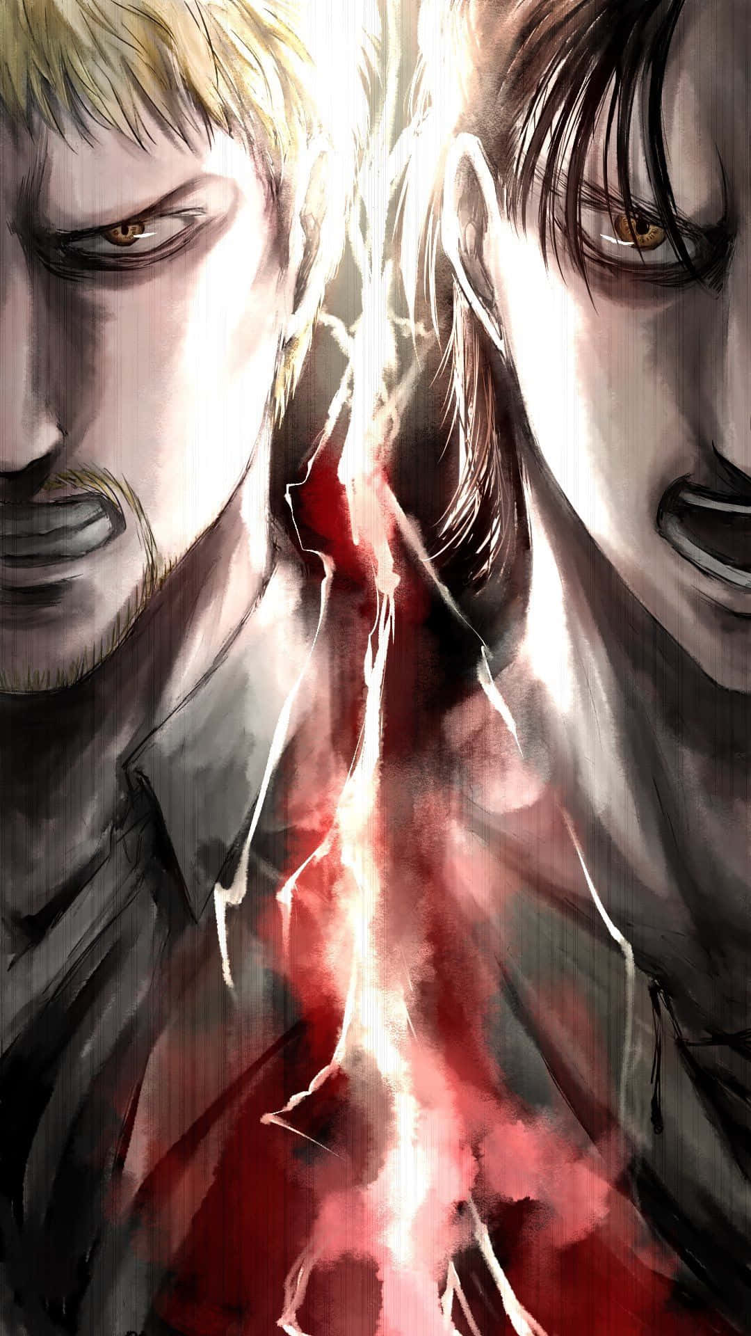 Reiner Braun 桌布 壁紙 — 兩個激烈的動漫角色對峙，一道發光的紅色裂縫分裂他們的胸膛和臉龐。