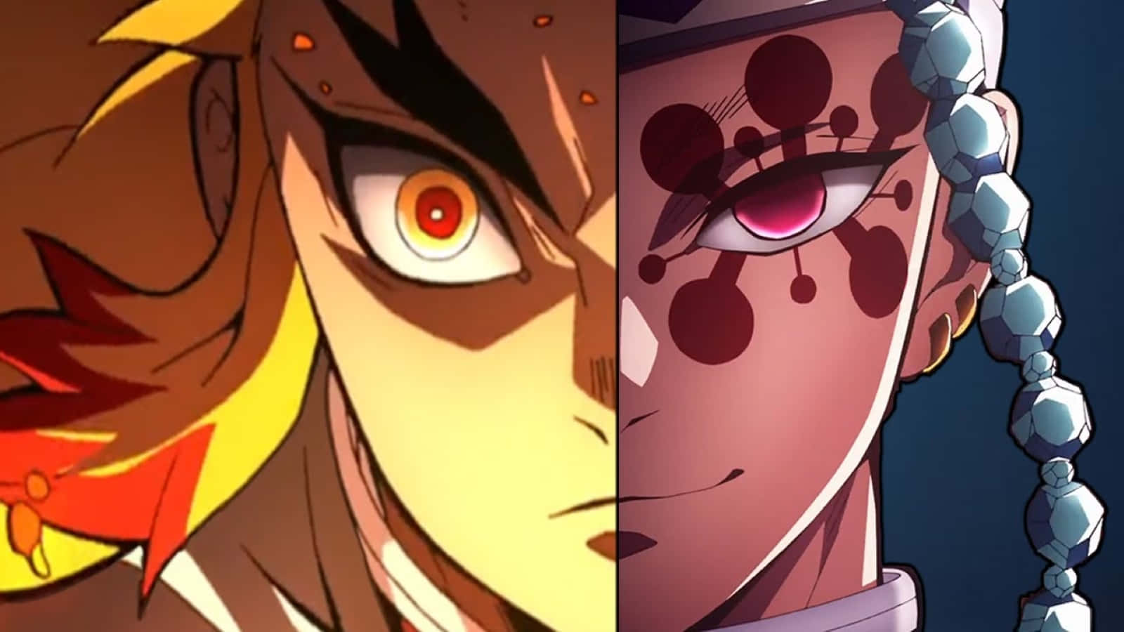Rengoku And Tengen 桌布 壁紙 — 兩個激烈角色的分屏動畫肖像，一個有火橙色眼睛和尖刺頭髮，另一個有粉紅色眼睛和深紅色斑點。