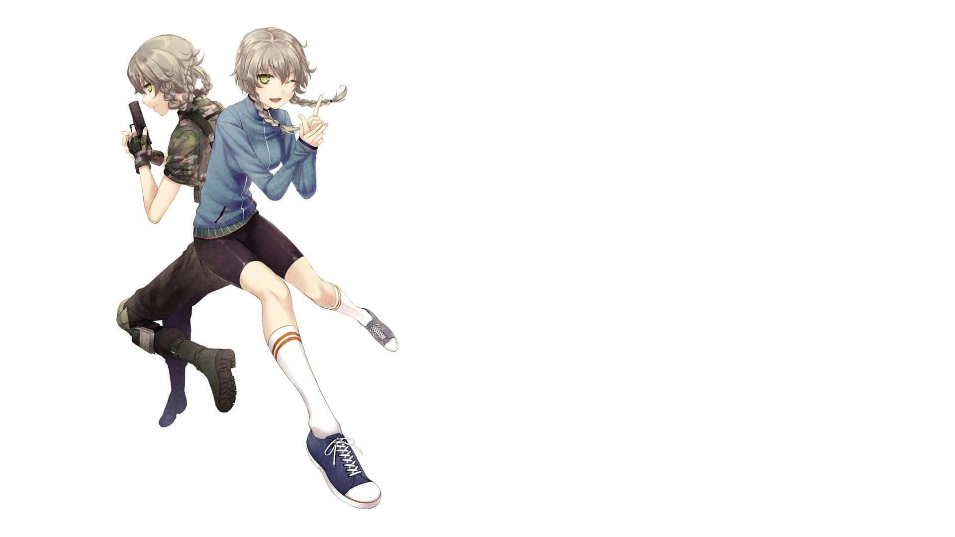 Suzuha Amane 桌布 壁紙 — 兩個灰色頭髮的動漫女孩在純白色背景上動態跳躍，一個拿著槍，另一個做出和平手勢。