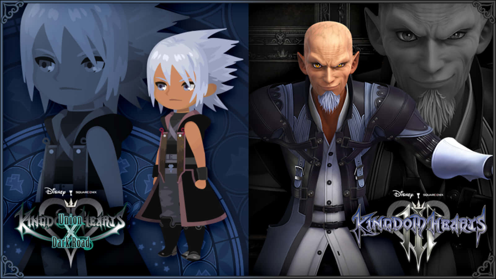 Kingdom Hearts Xehanort 桌布 壁紙 — 兩個王國之心角色並肩站立在深藍色圖案背景上，下方有遊戲標誌。