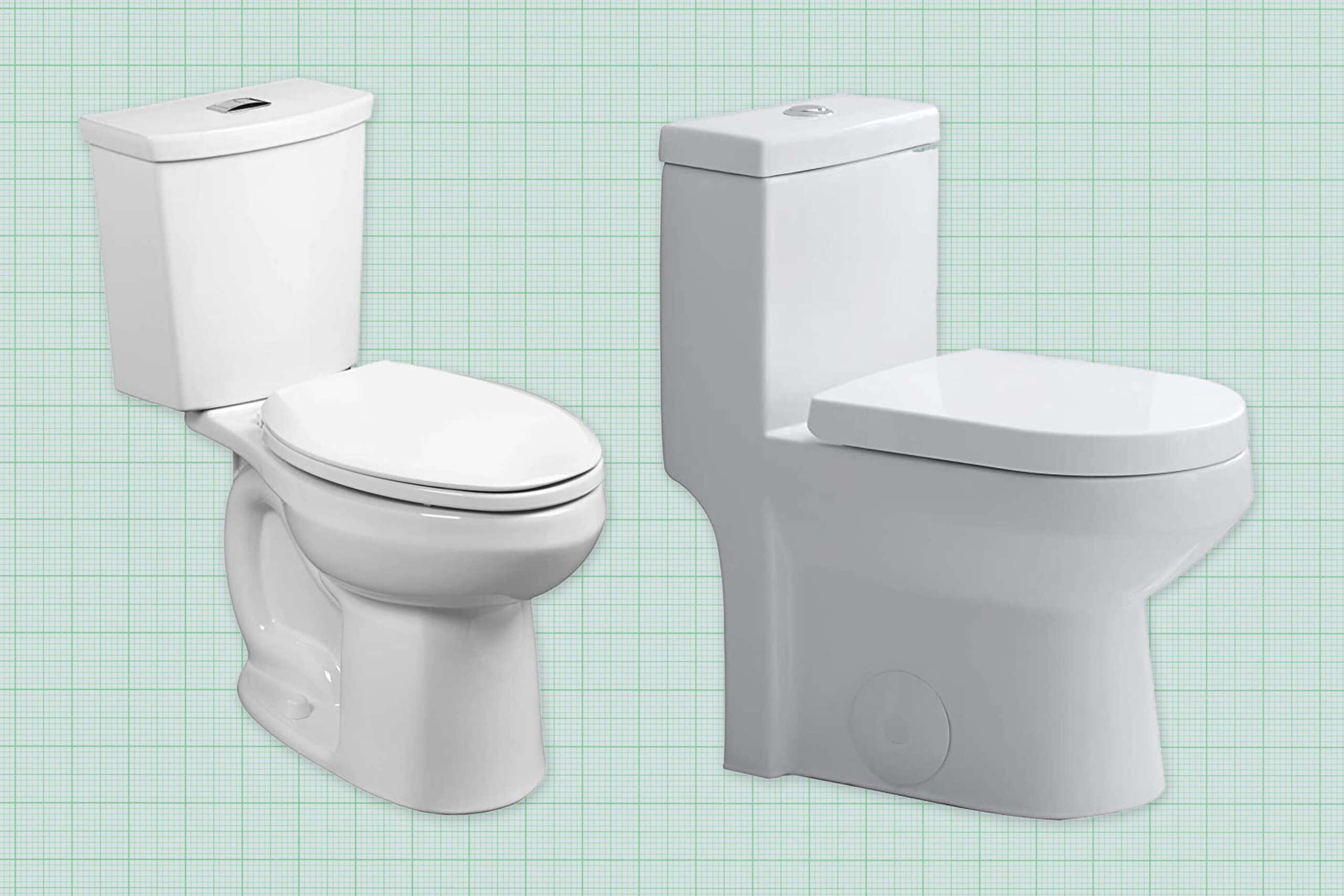 Toilet 桌布 壁紙 — 兩個現代白色馬桶蓋著蓋子並排站立在淺綠色網格背景前。