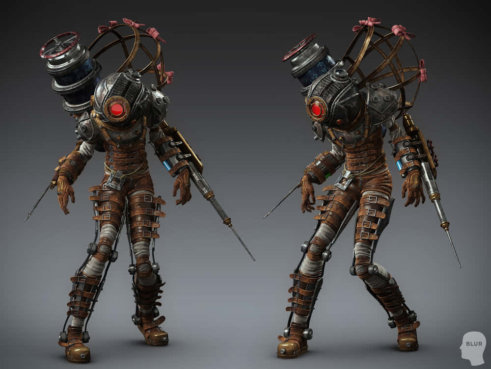 Bioshock Characters 桌布 壁紙 — 兩個生物機械裝甲人物，擁有發光的紅色眼睛和武器化的肢體，在灰色背景前擺出工作室姿勢。
