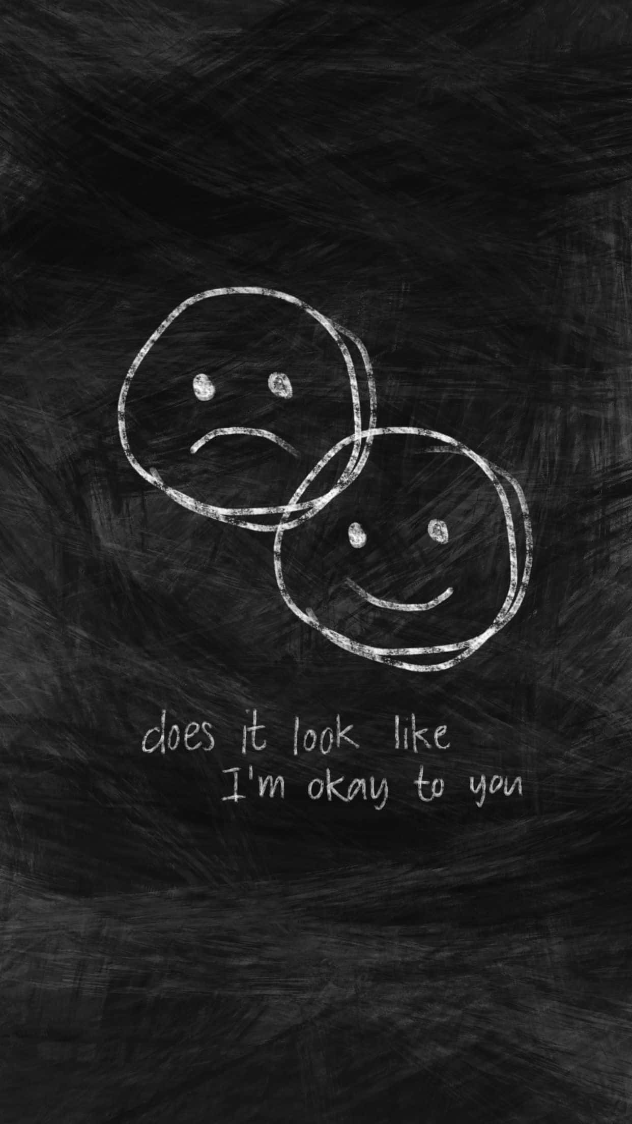 Dark Emotional 桌布 壁紙 — 兩個用粉筆畫嘅面孔，一個傷心一個開心，重疊喺黑板上面，有手寫文字問傷心嗰個睇落得唔得。