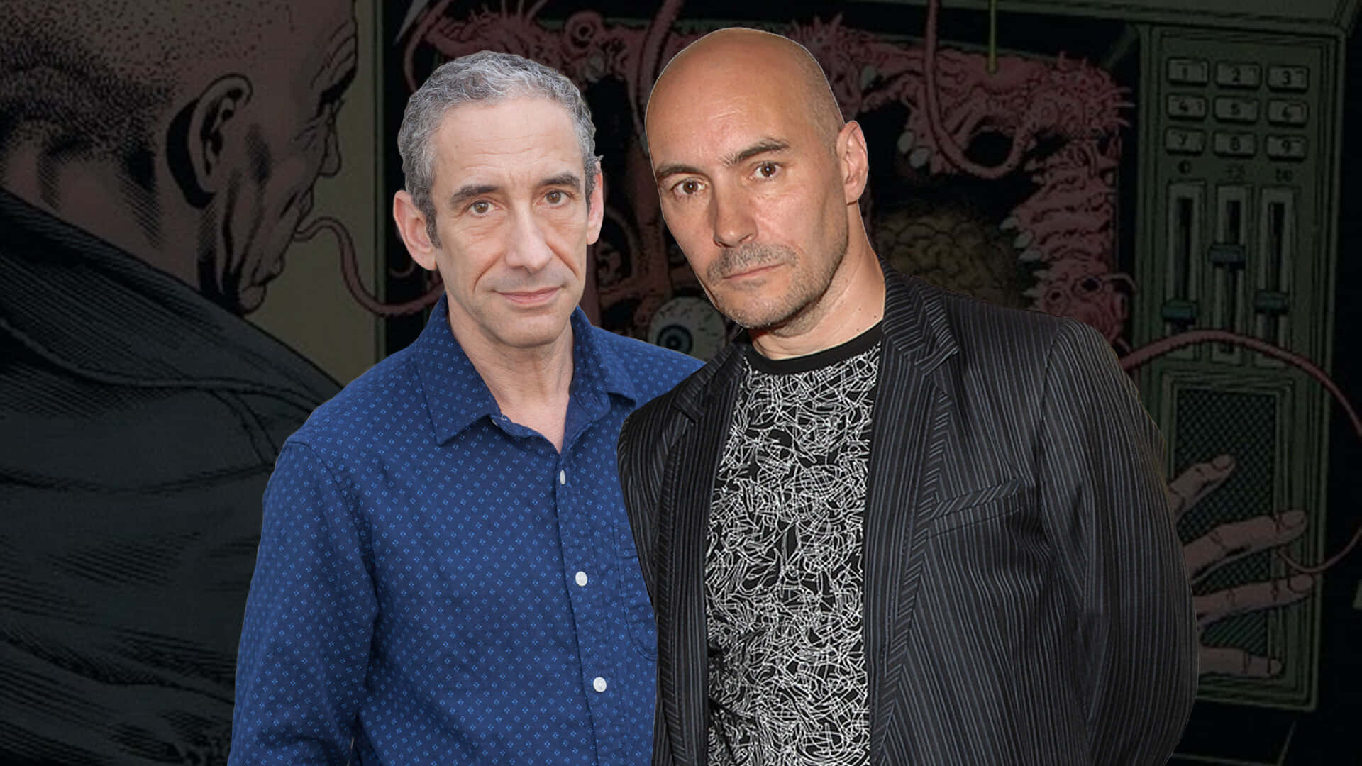 Grant Morrison 桌布 壁紙 — 兩個男人站在一個黑暗漫畫風格背景前，背景上有個嚇人的面孔和控制面板。