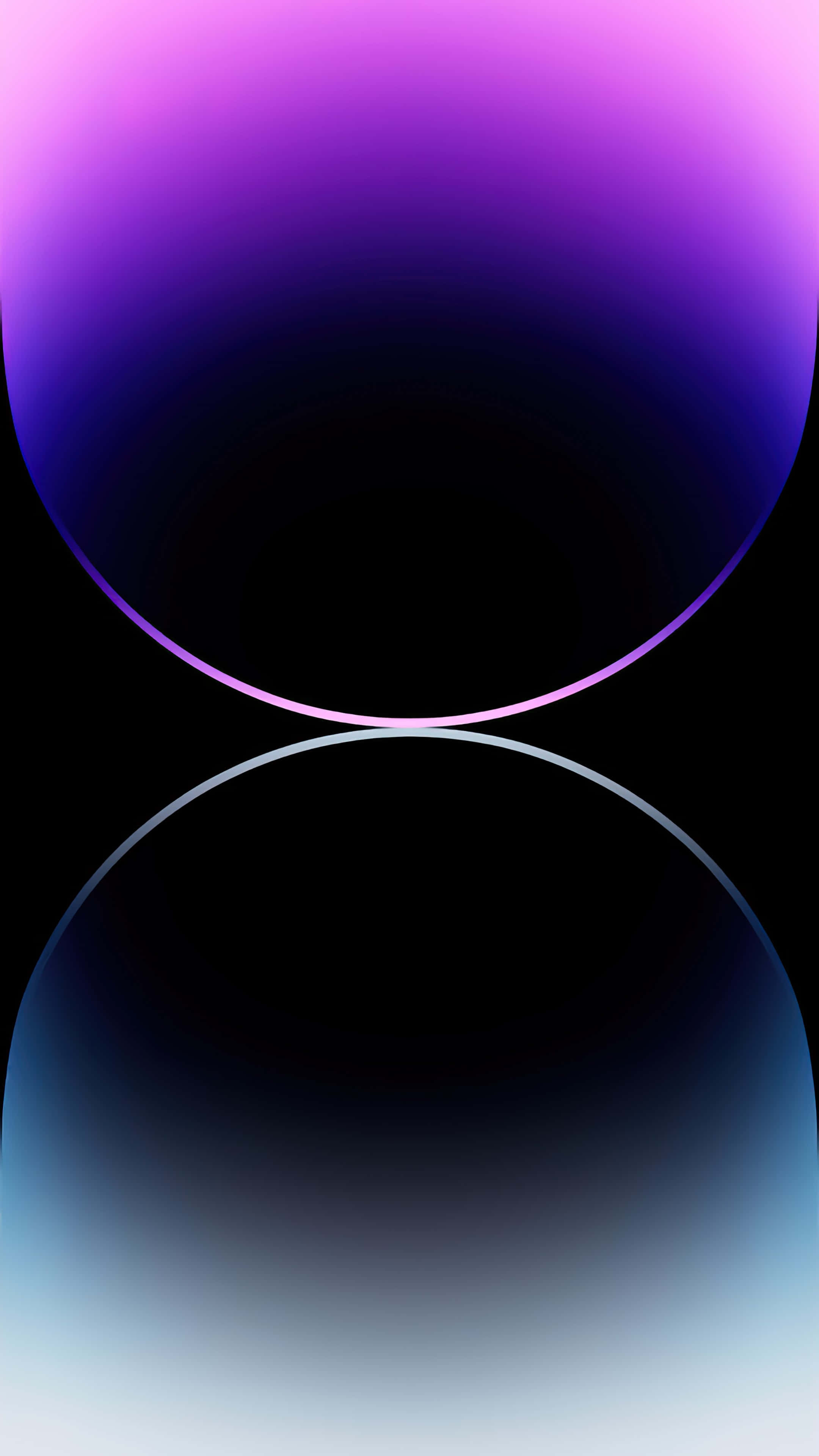 4K Oled 桌布 壁紙 — 兩個發光漸變球體漂浮在黑色背景上，一個紫色，另一個藍色，營造出寧靜的數碼抽象場景。