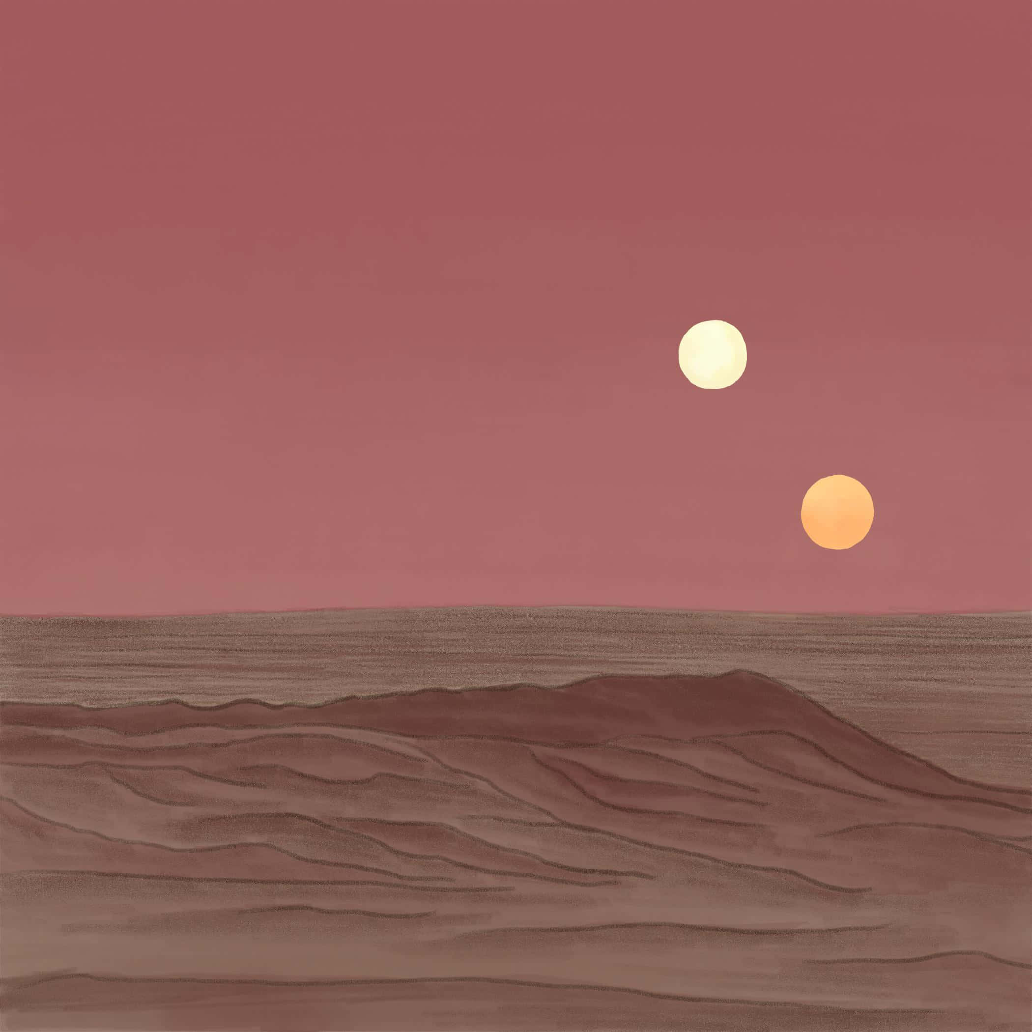 Tatooine 桌布 壁紙 — 兩個發光球體漂浮在紋理沙漠沙丘之上，背景是昏暗的粉紅色天空。