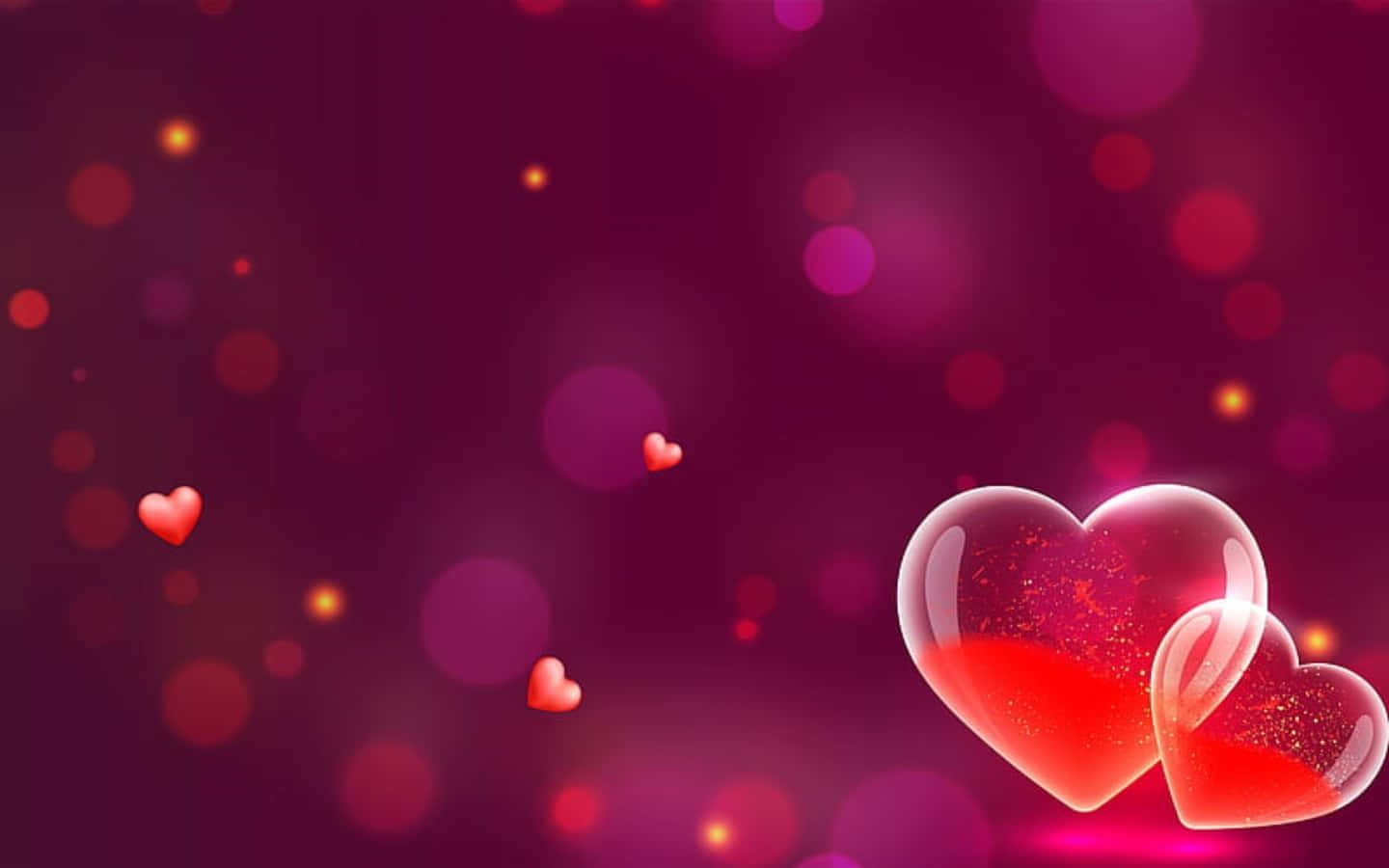 Heart Shape 桌布 壁紙 — 兩個發光的半透明心形，充滿閃爍的紅光，漂浮在夢幻的洋紅色散景背景上。