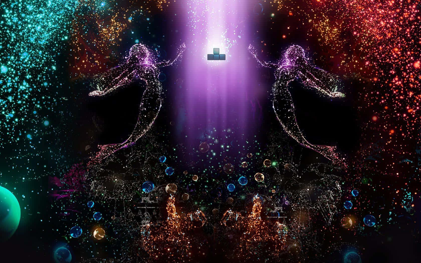 兩個發光的宇宙美人魚在紫色光束下與漂浮的俄羅斯方塊和星星一起跳舞。 — 美人魚 GIF 壁紙