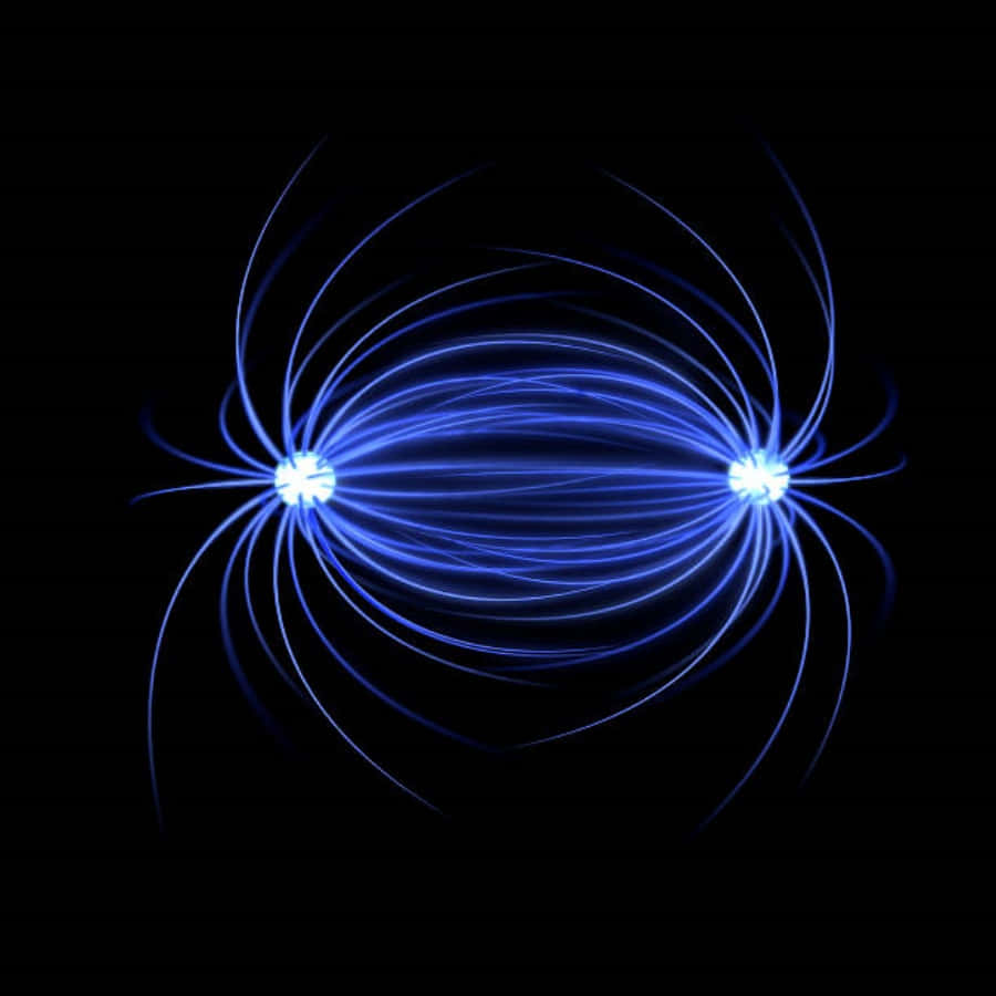 Magnetic Field 桌布 壁紙 — 兩個發光的藍色磁極在黑色虛空中發出彎曲的光跡，形成對稱的宇宙能量場。