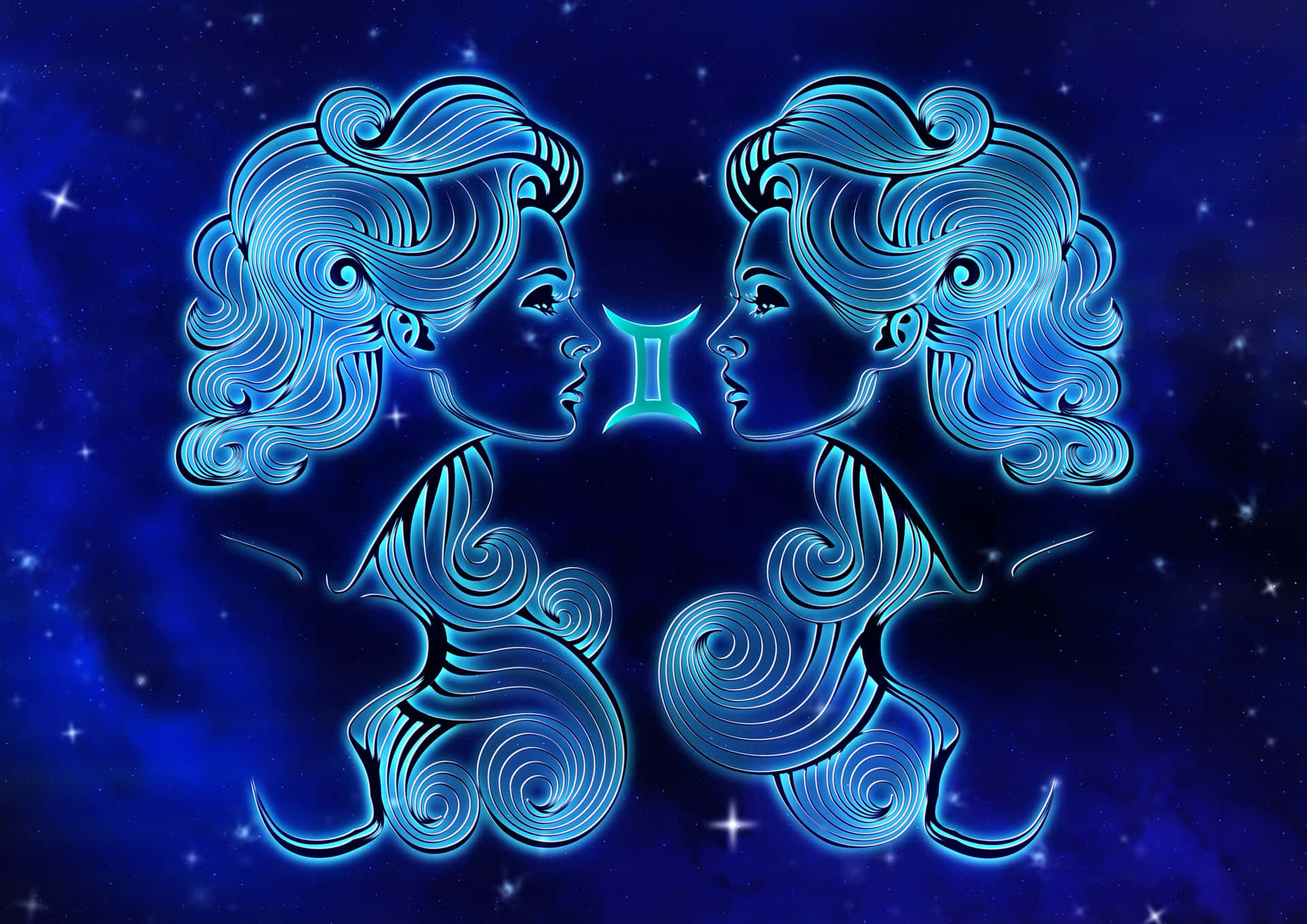 gemini 桌布 壁紙 — 兩個發光的藍色雙子座雙胞胎在繁星點點的夜空下對視，頭髮盤旋，中間有星座符號。
